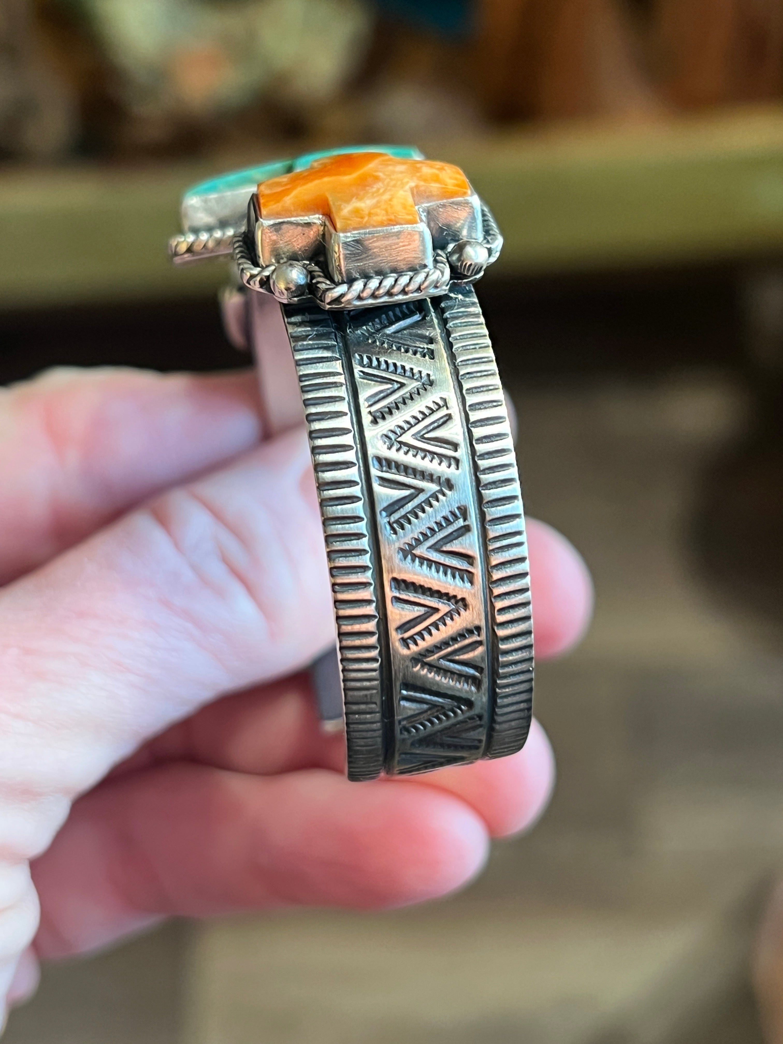 Handcrafted Hand Stamped Sterling Silver, Kingman Turquoise and Spiny Oyster Cross Cuff Bracelet by Bernyse Chavez