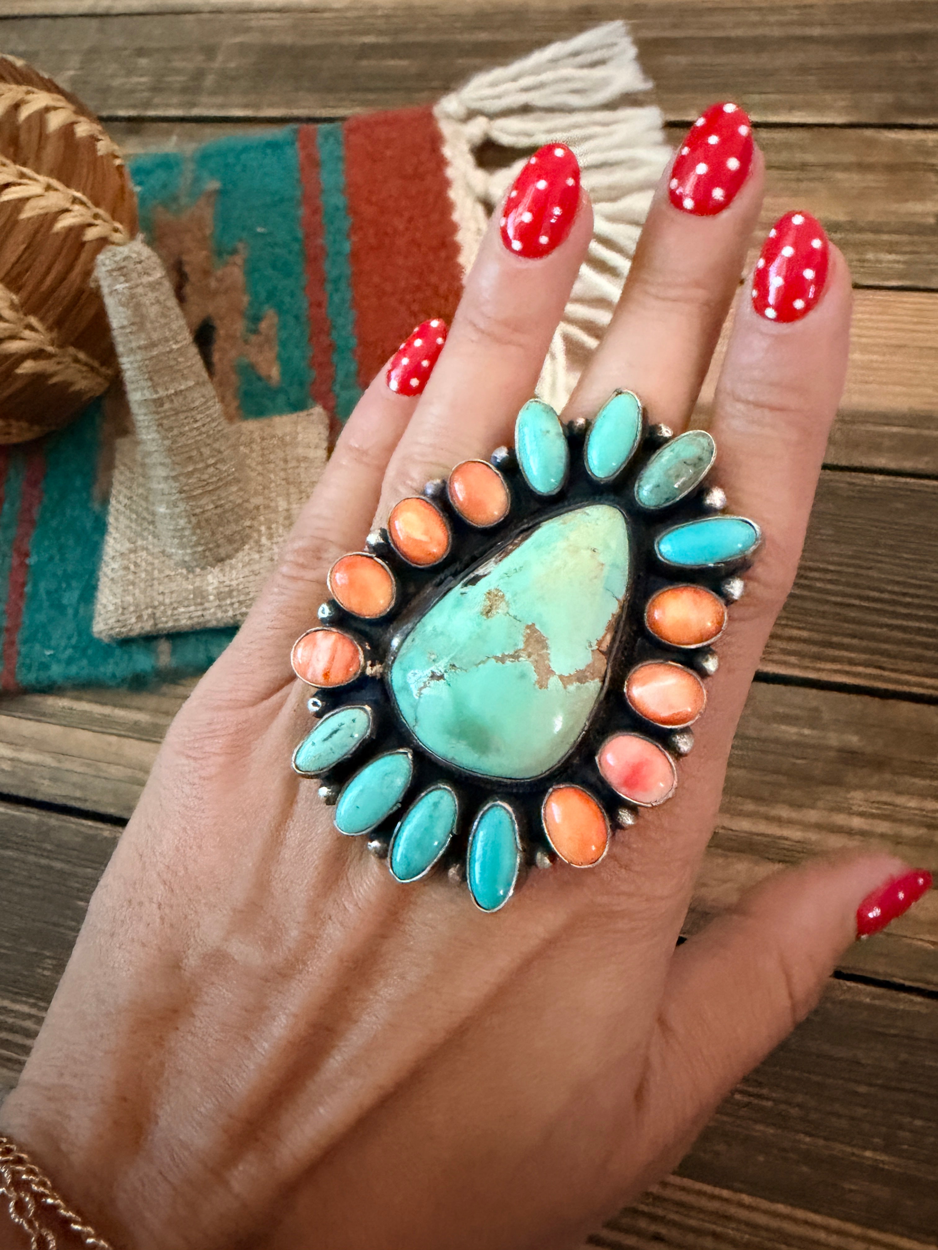 Handcrafted Spiny Oyster, Turquoise & Sterling Silver Cluster Ring by Sheila Becenti Size 11.25