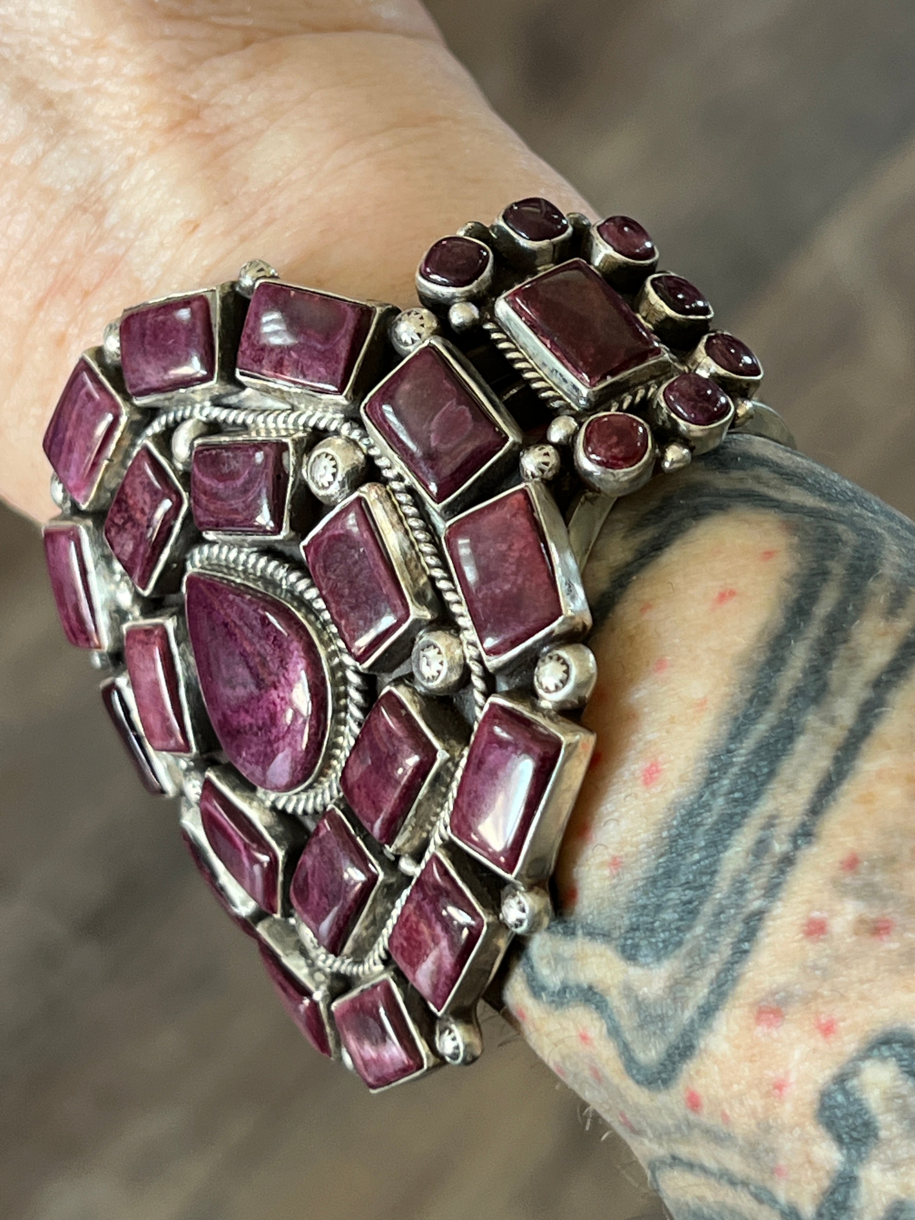 Handcrafted Sterling Silver and Purple Spiny Oyster Cuff Bracelet by Tyler Brown /