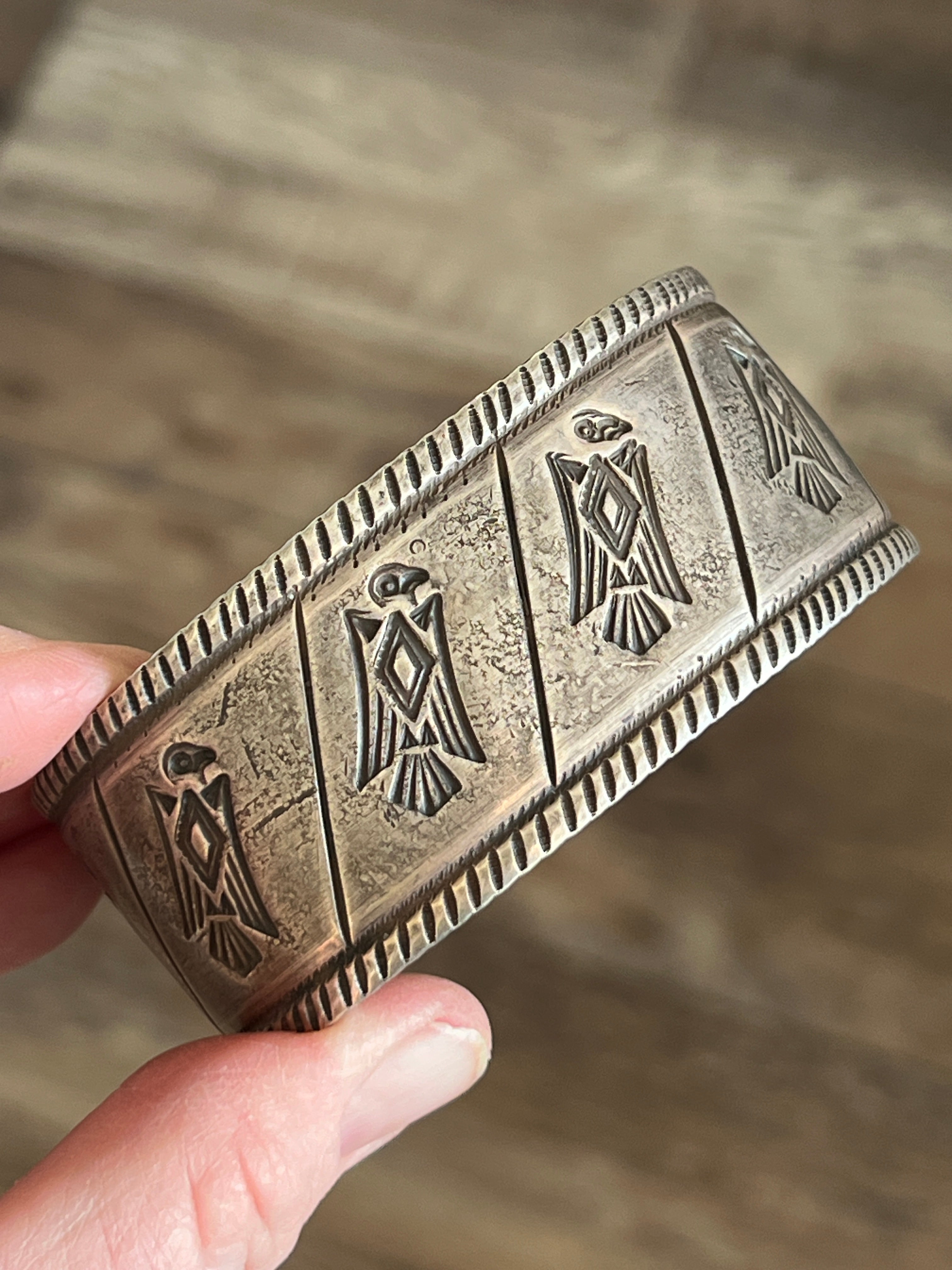 Handcrafted & Hand Forged Old Pawn Sterling Silver Ingot Cuff Bracelet by Santa Fe Artist, Buffalo: The Birds