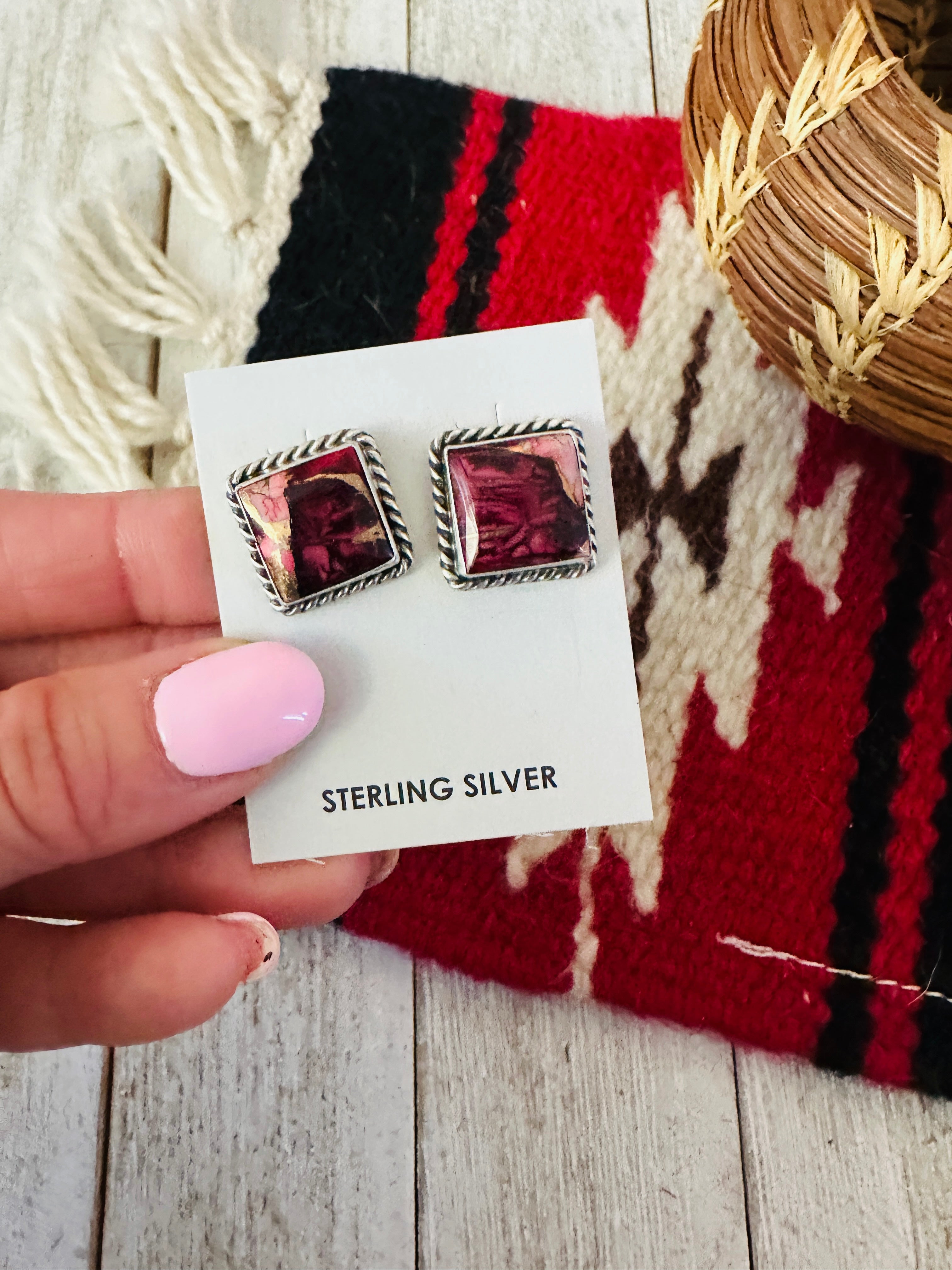 Handcrafted Sterling Silver & Rose Dahlia Square Stud Earrings