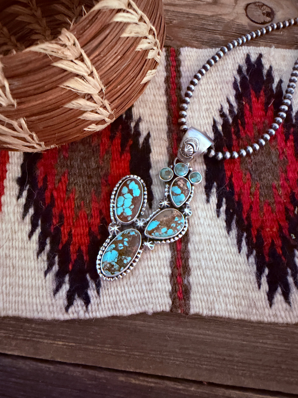 Handcrafted Sterling Silver & Number 8 Turquoise Cactus Pendant by Larry Kaye