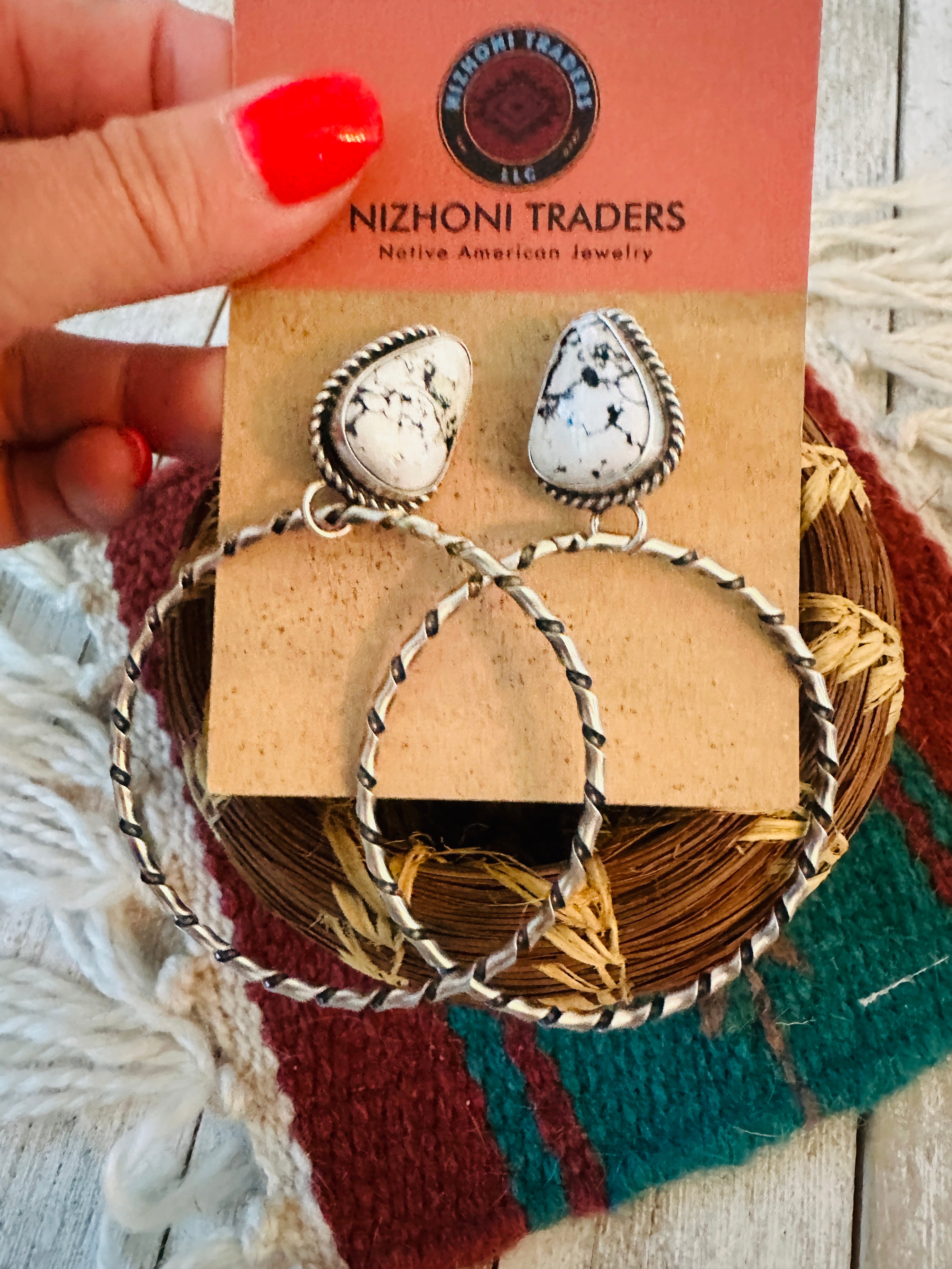 Navajo White Buffalo and Sterling Silver Dangle Hoop Earrings