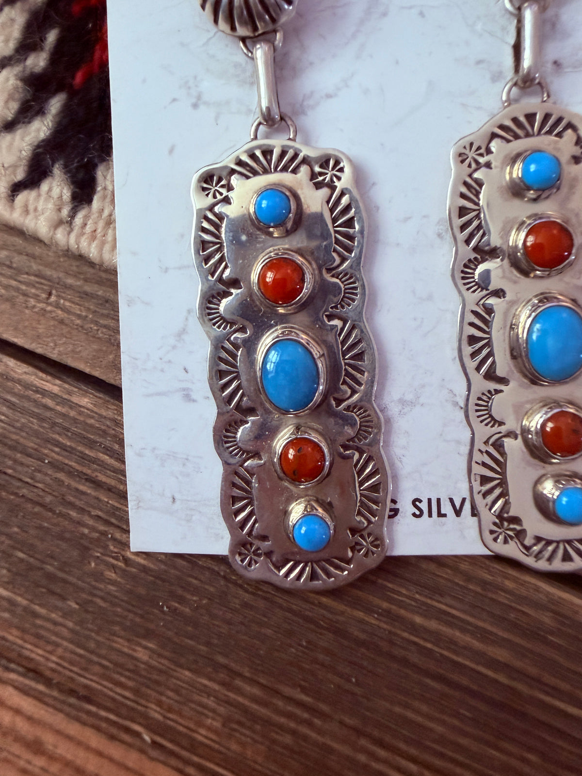 Handcrafted Turquoise, Coral & Sterling Silver Dangle Earrings by Jeff James Jr