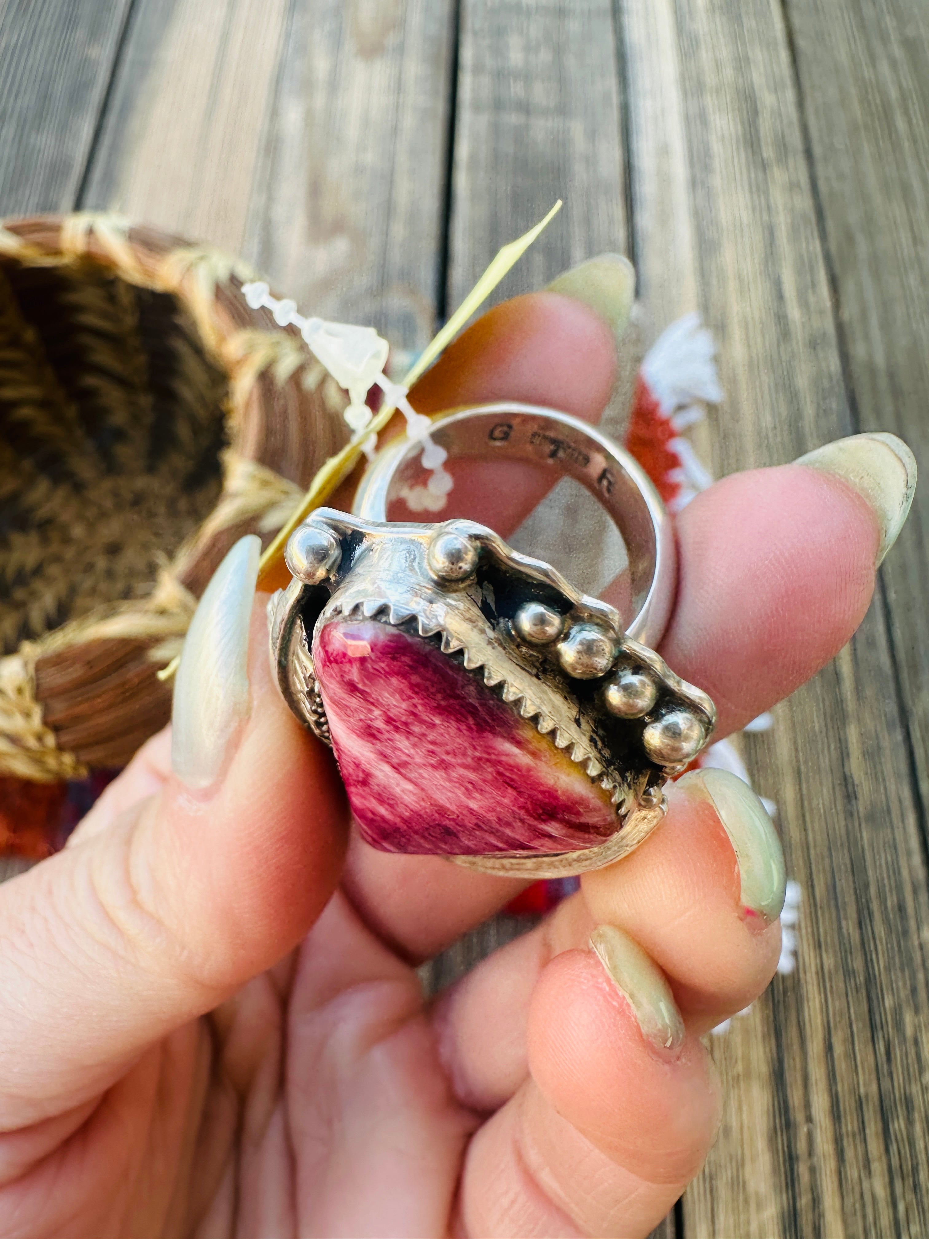 Old Pawn Handcrafted Purple Spiny & Sterling Silver Adjustable Ring