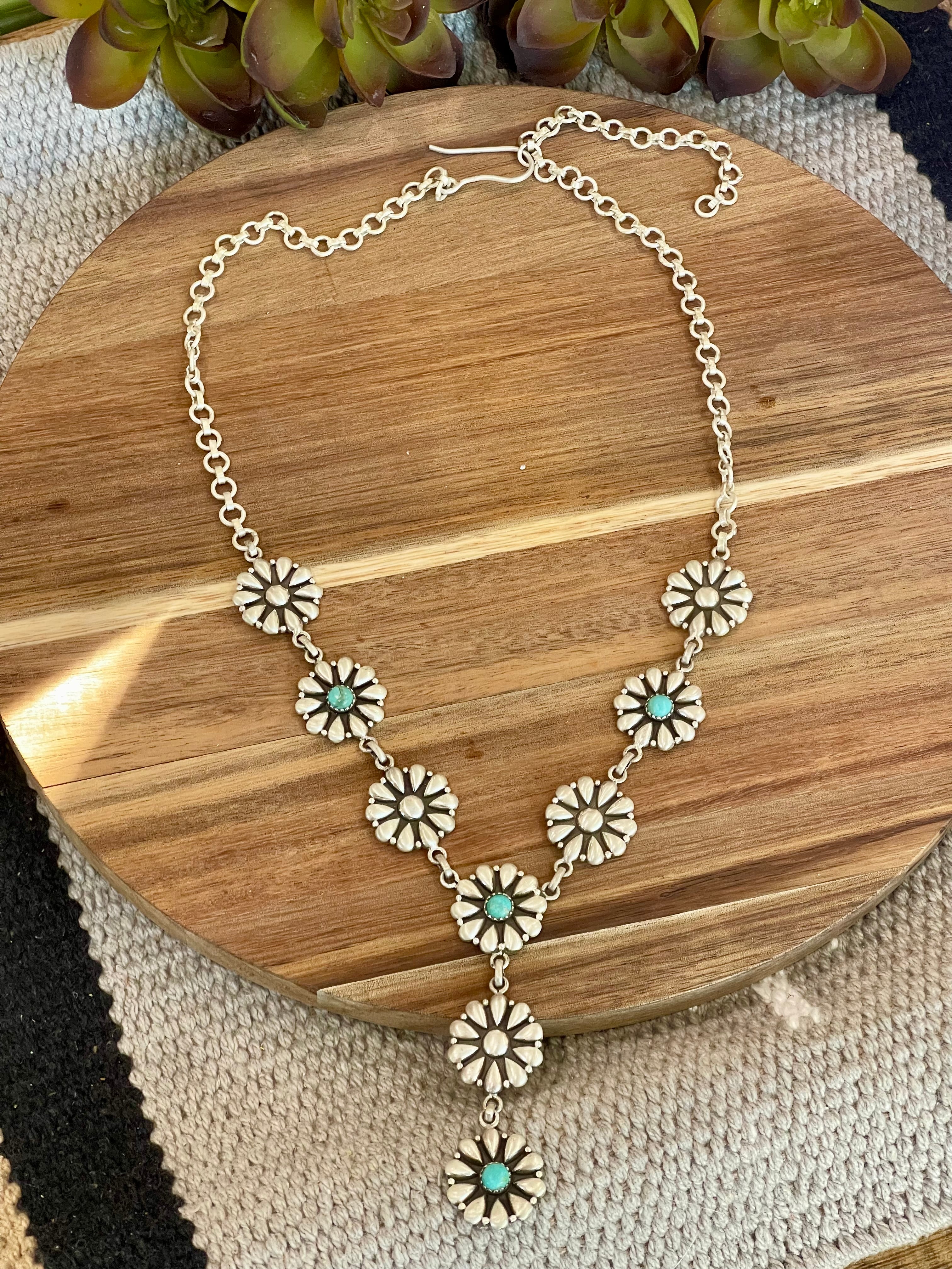 Handmade Sterling Silver & Turquoise Flower Lariat Necklace