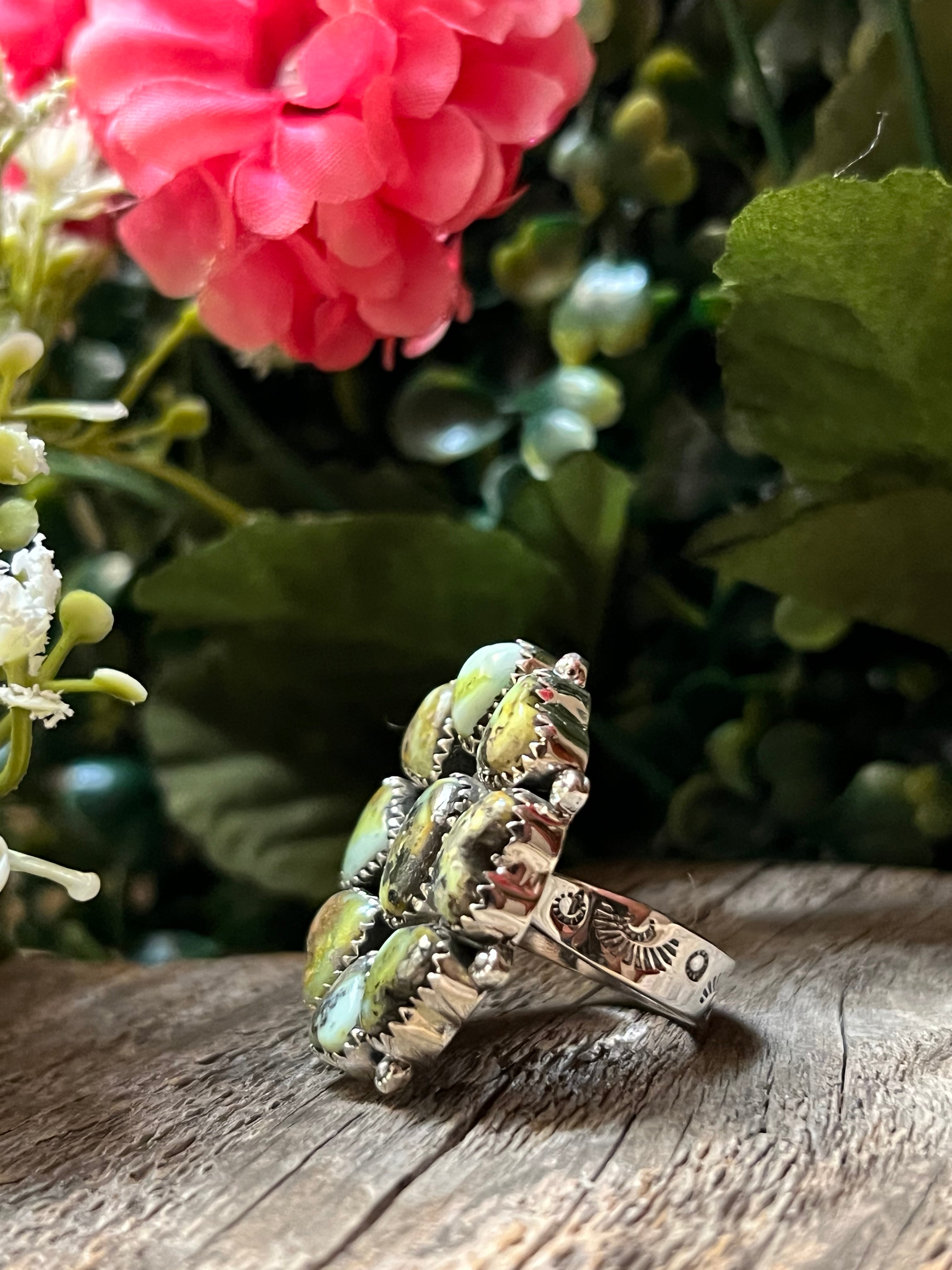 Handmade Palomino Turquoise Heart Cluster Sterling Silver Adjustable Ring