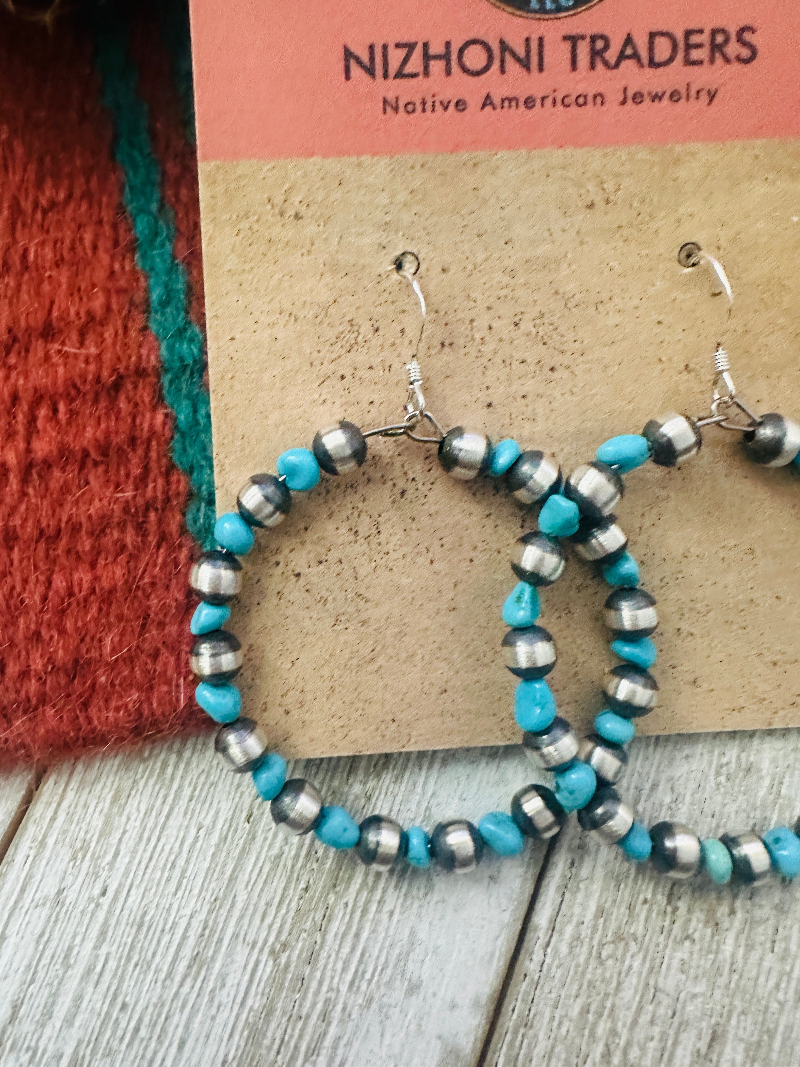 Handcrafted Turquoise & Sterling Silver Beaded Dangle Hoop Earrings