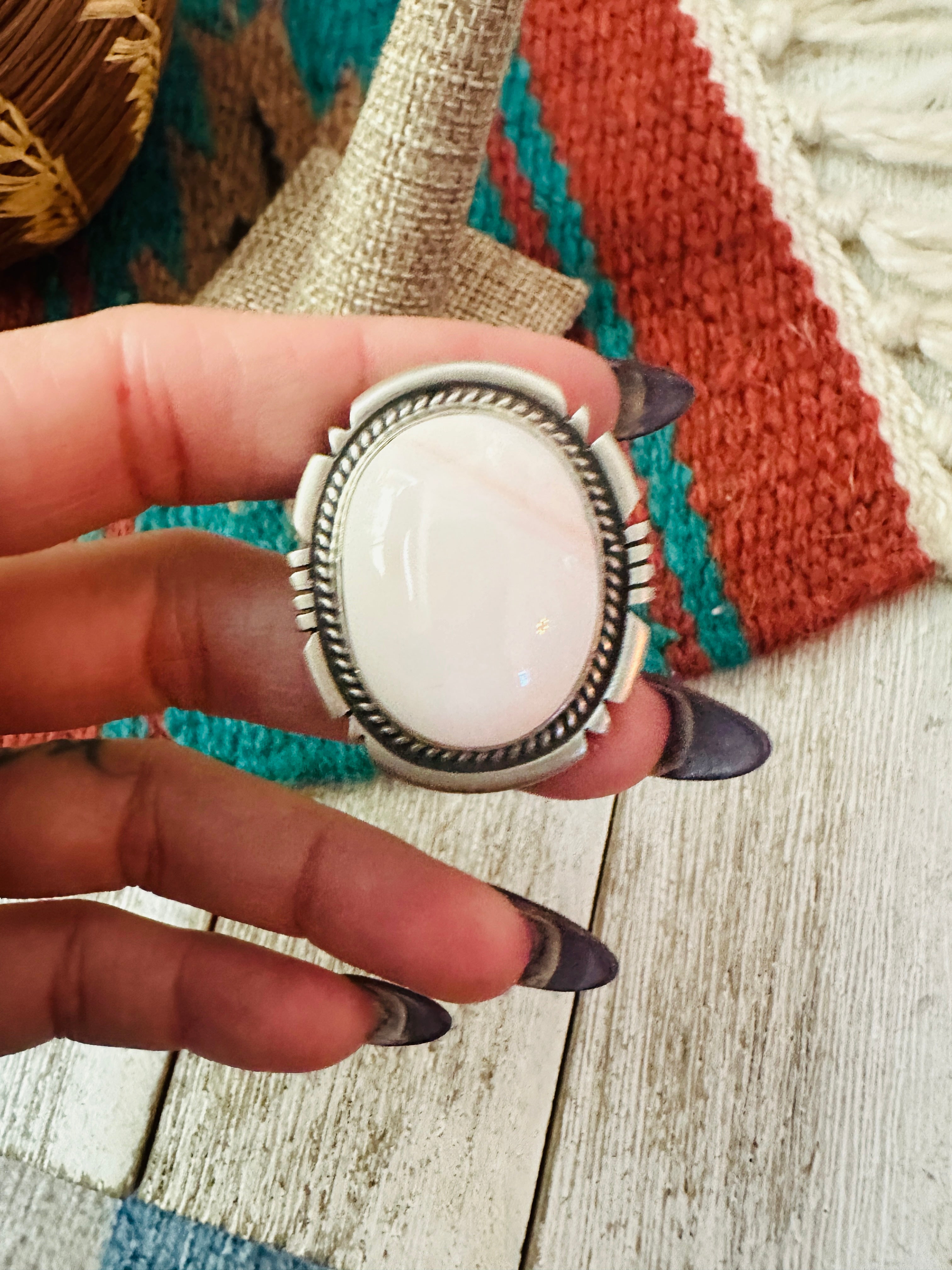 Handcrafted Queen Pink Conch & Sterling Silver Adjustable Ring