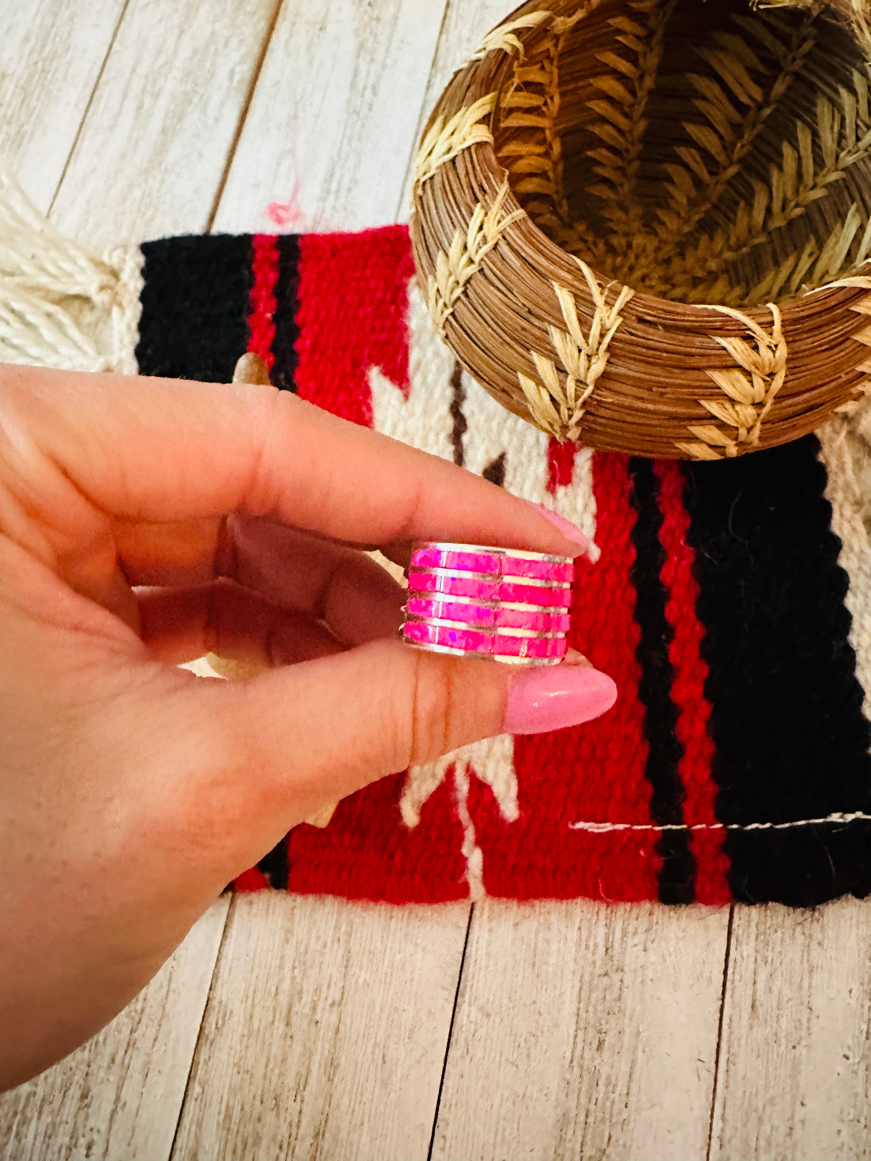 Handcrafted Sterling Silver & Pink Opal Inlay 4 Row Band Ring