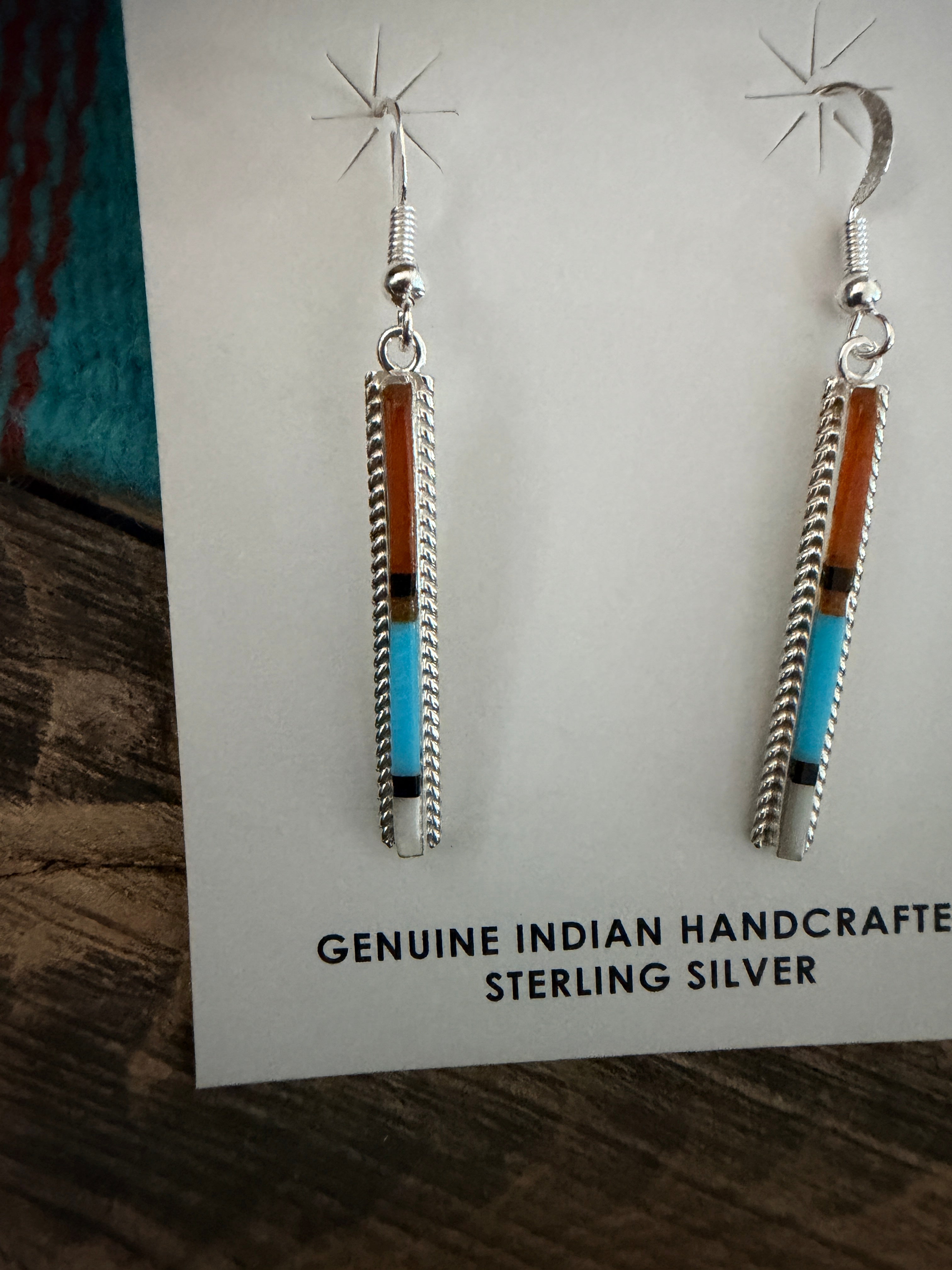 Handcrafted Multi Stone & Sterling Silver Inlay Dangle Earrings by Allen Barney
