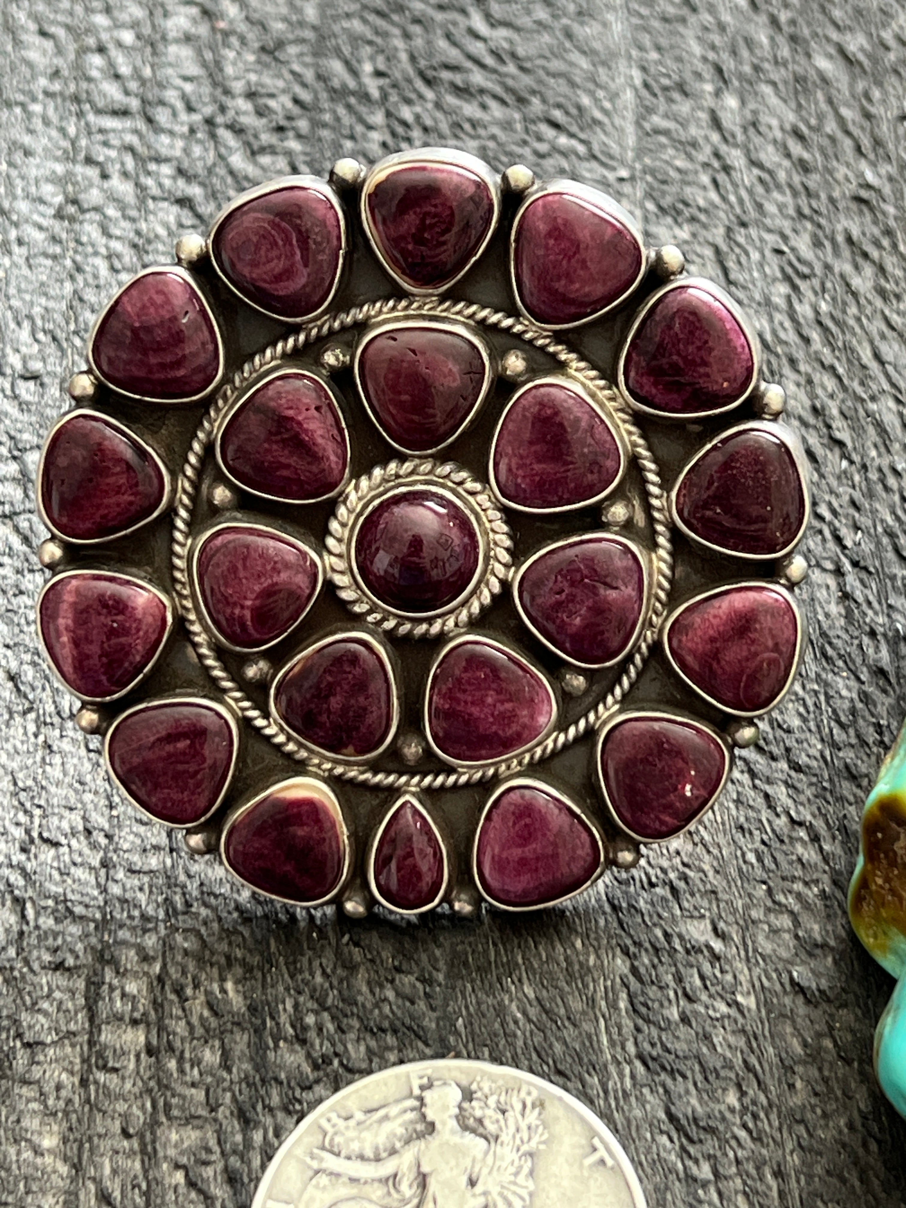 Handcrafted Sterling Silver and Purple Spiny Oyster Cluster Ring by Tyler Brown, Adjustable