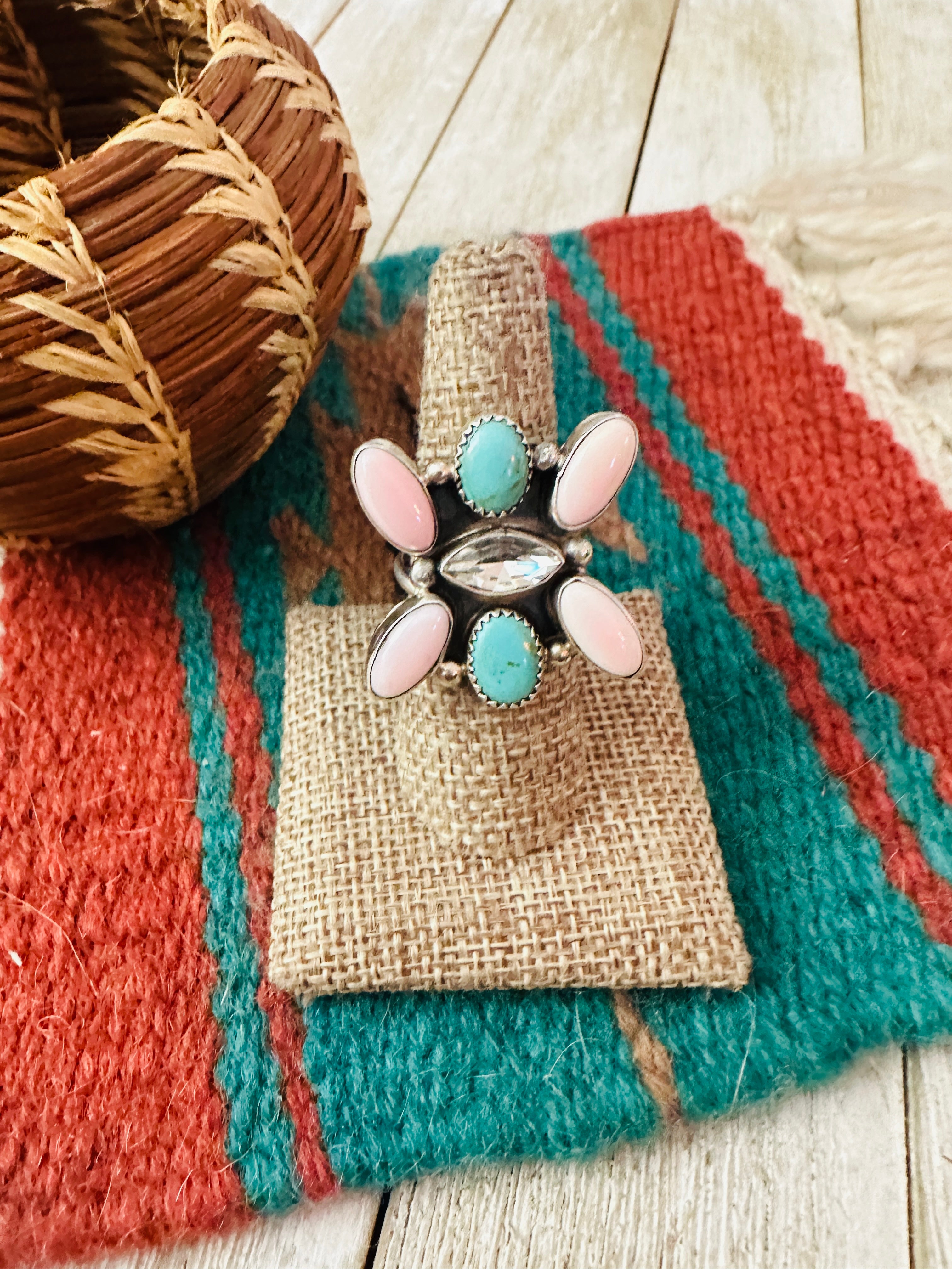 Handcrafted Queen Pink Conch, Turquoise & Sterling Silver Adjustable Ring by Jacqueline Silver