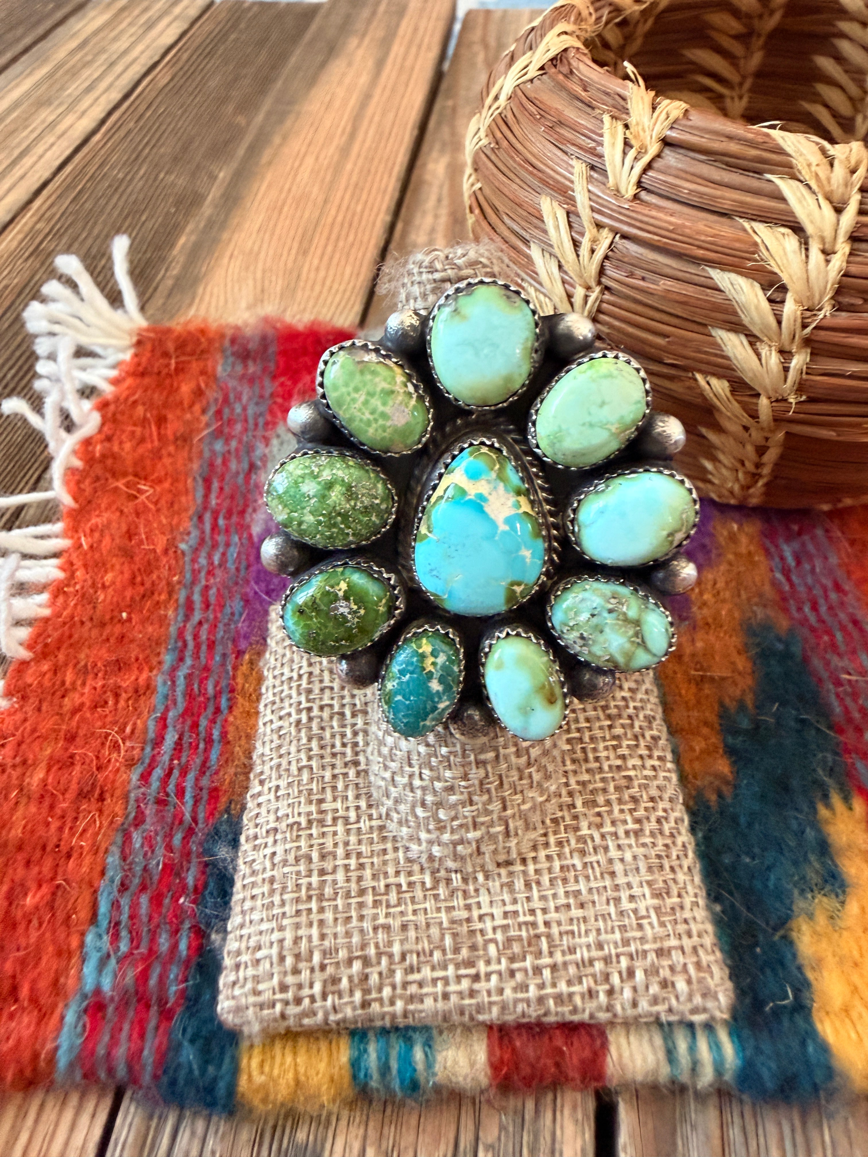 Handcrafted Sonoran Mountain Turquoise & Sterling Silver Cluster Adjustable Ring