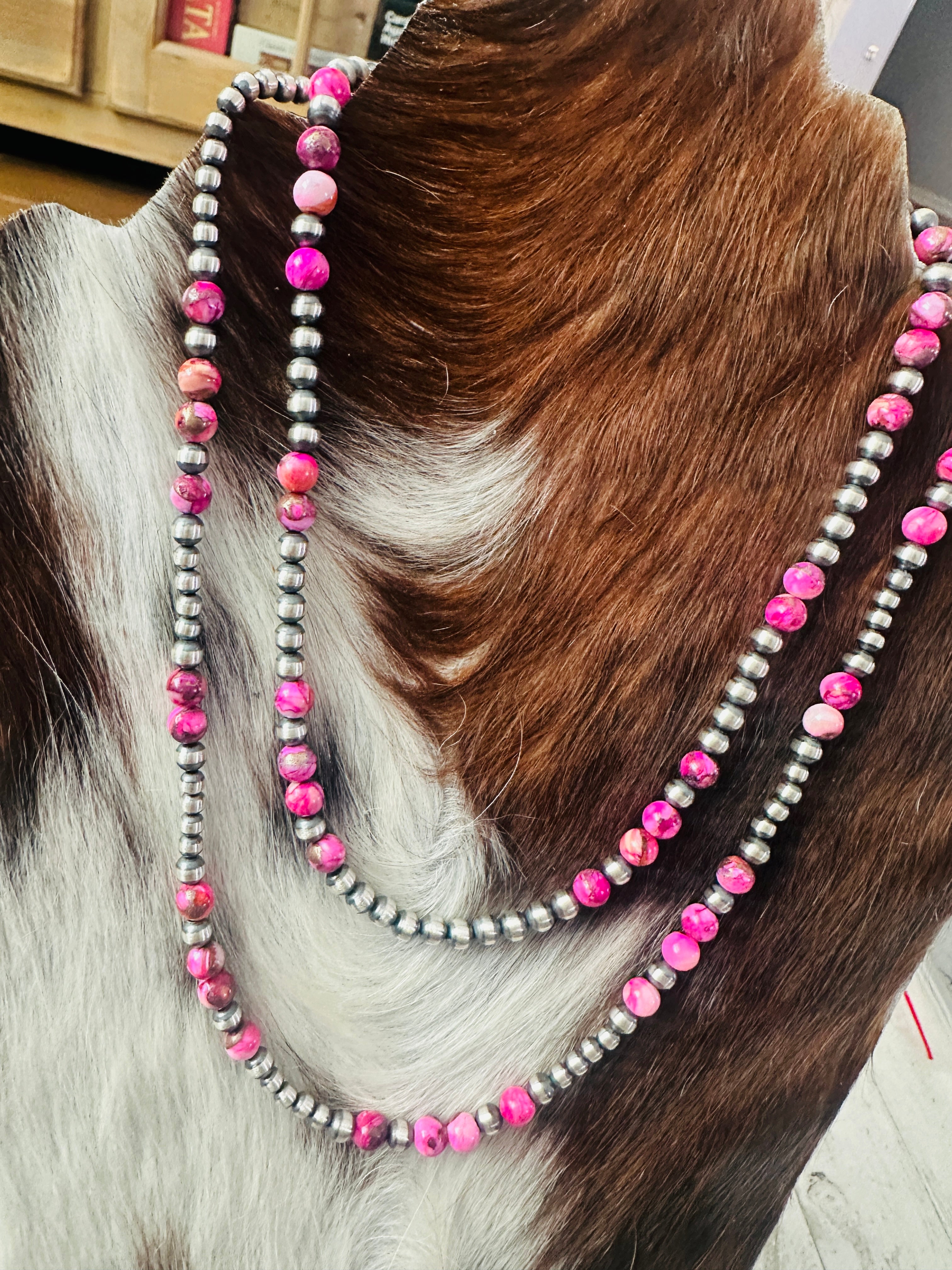 Handcrafted Sterling Silver & Pink Mojave Beaded Necklace