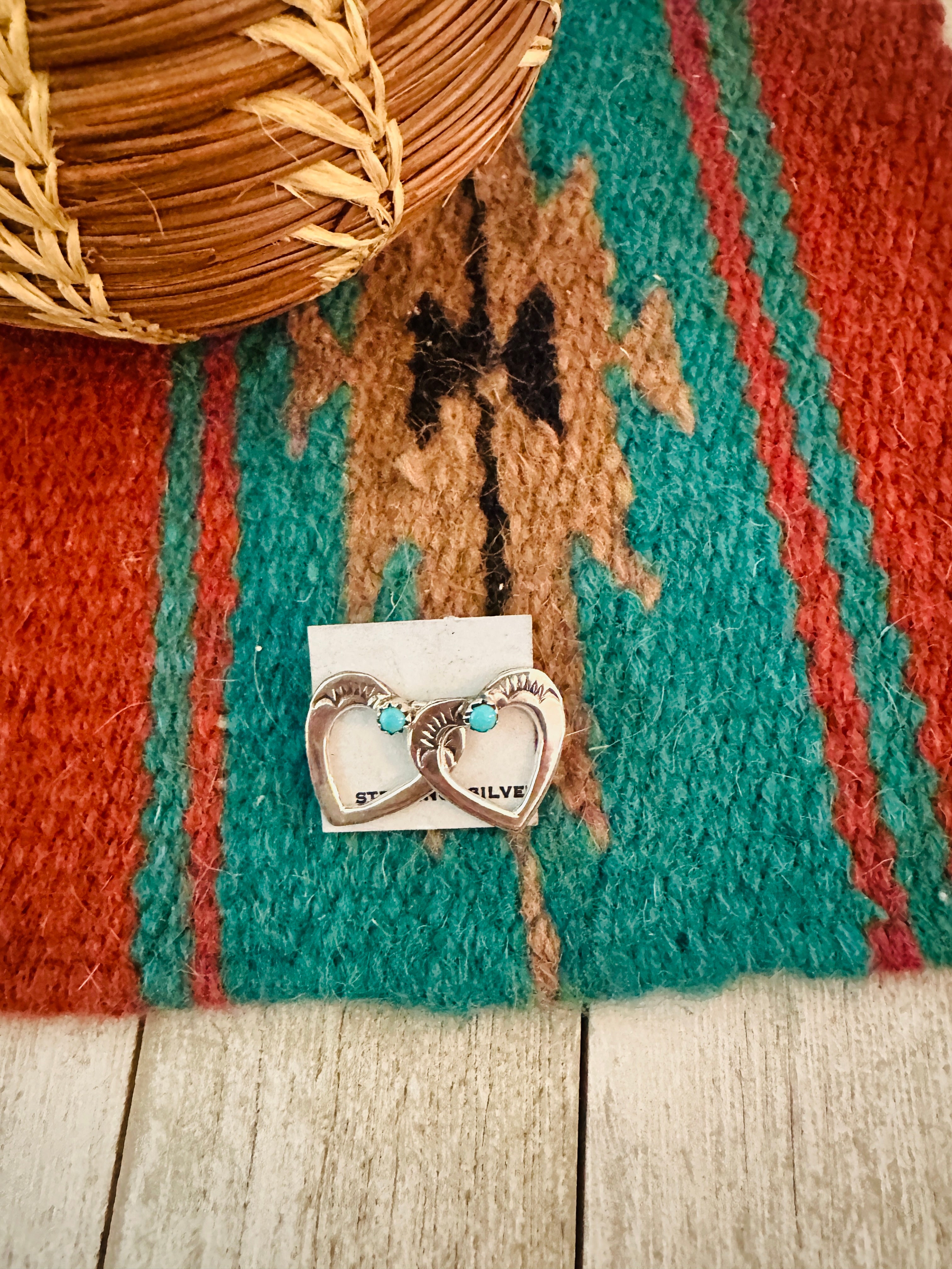 Handcrafted Turquoise & Sterling Silver Heart Stud Earrings