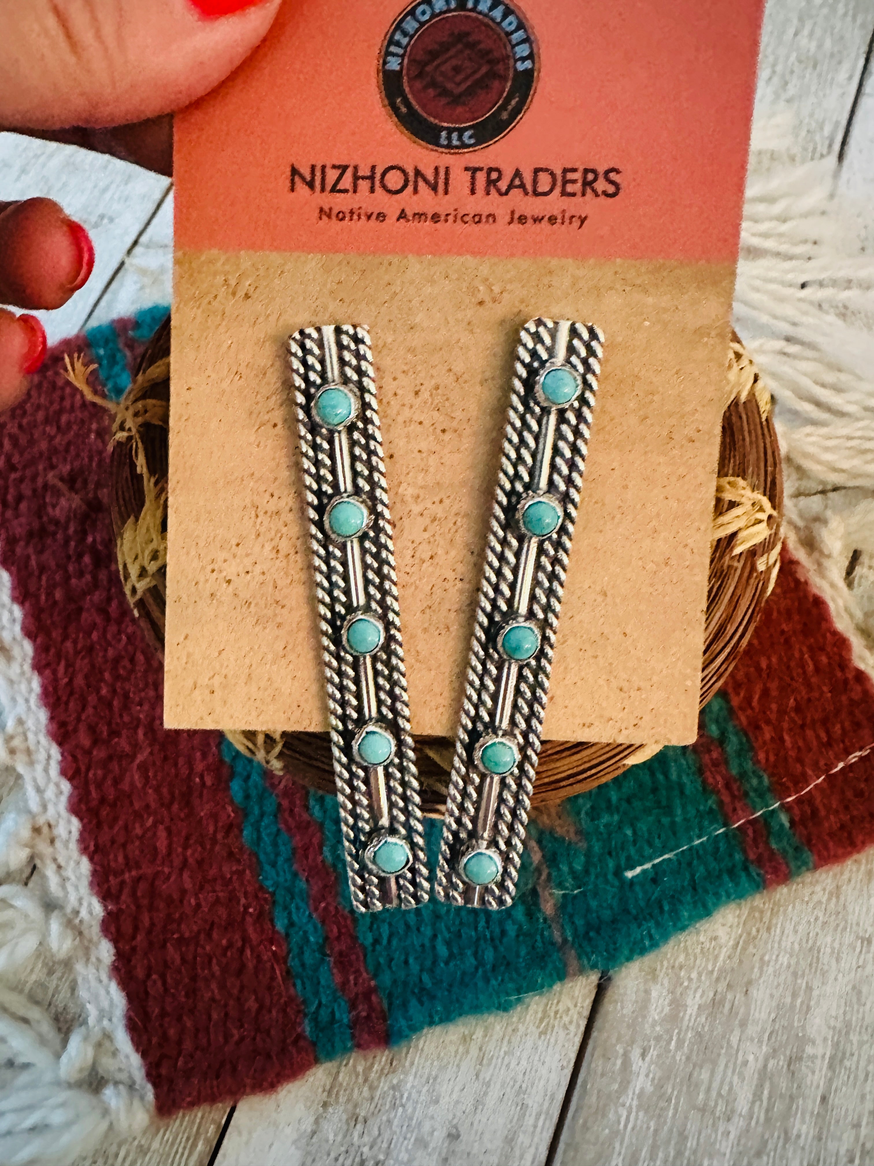 Handcrafted Sterling Silver & Turquoise Five Stone Drop Dangle Earrings