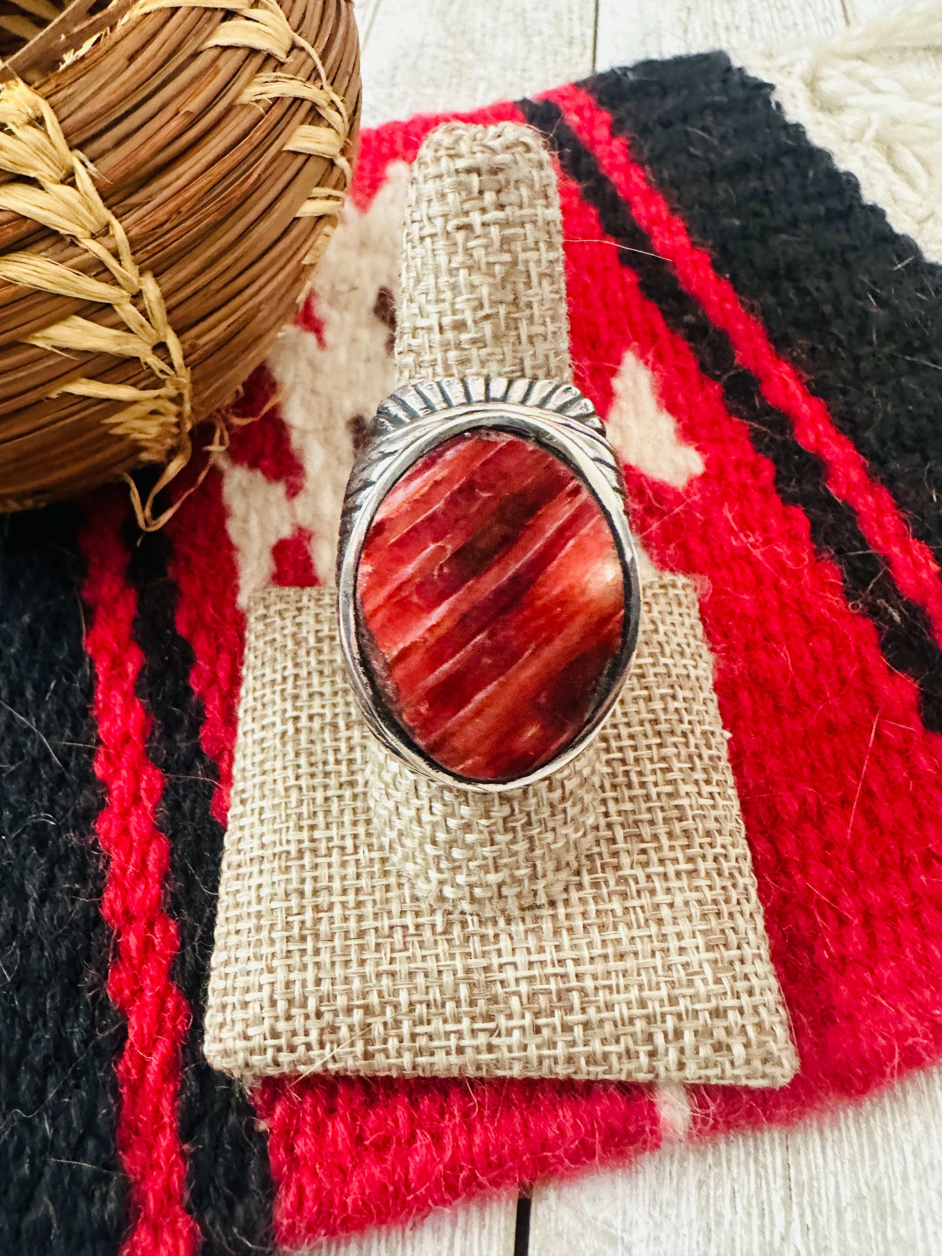 Old Pawn Navajo Sterling Silver & Red Spiny Men’s Ring Size 8.5