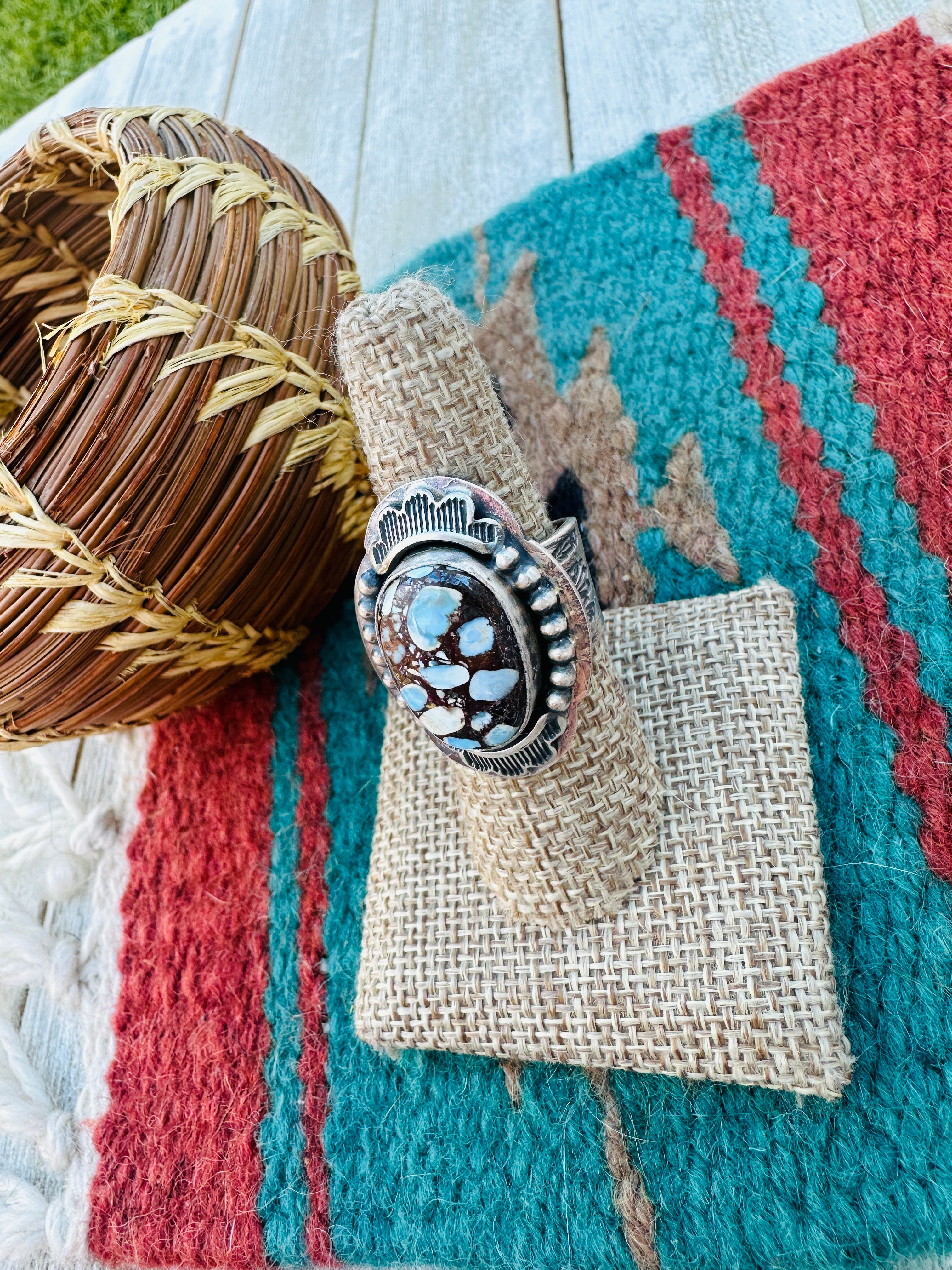 Handcrafted Golden Hills Turquoise & Sterling Silver Ring Size 7.75