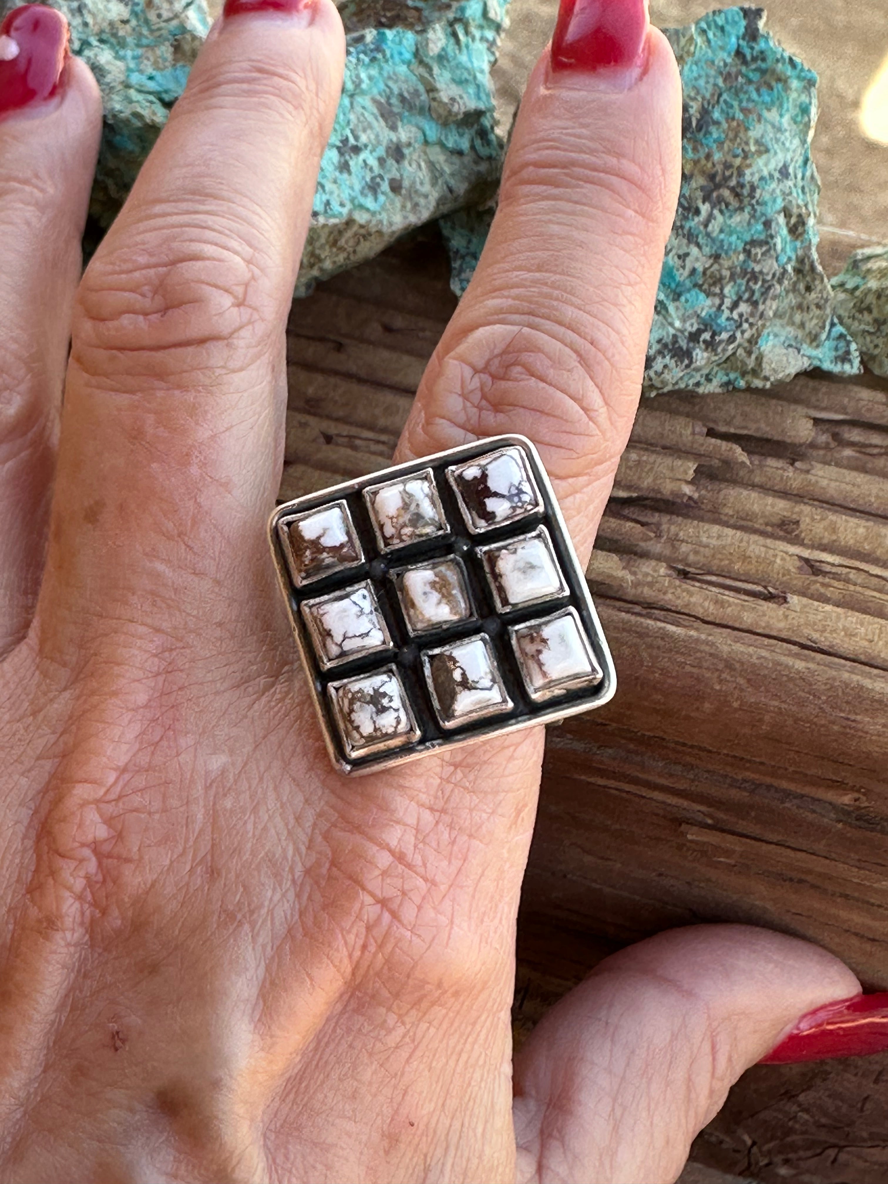 Beautiful Handmade Sterling Silver And Wild Horse Square Adjustable Ring