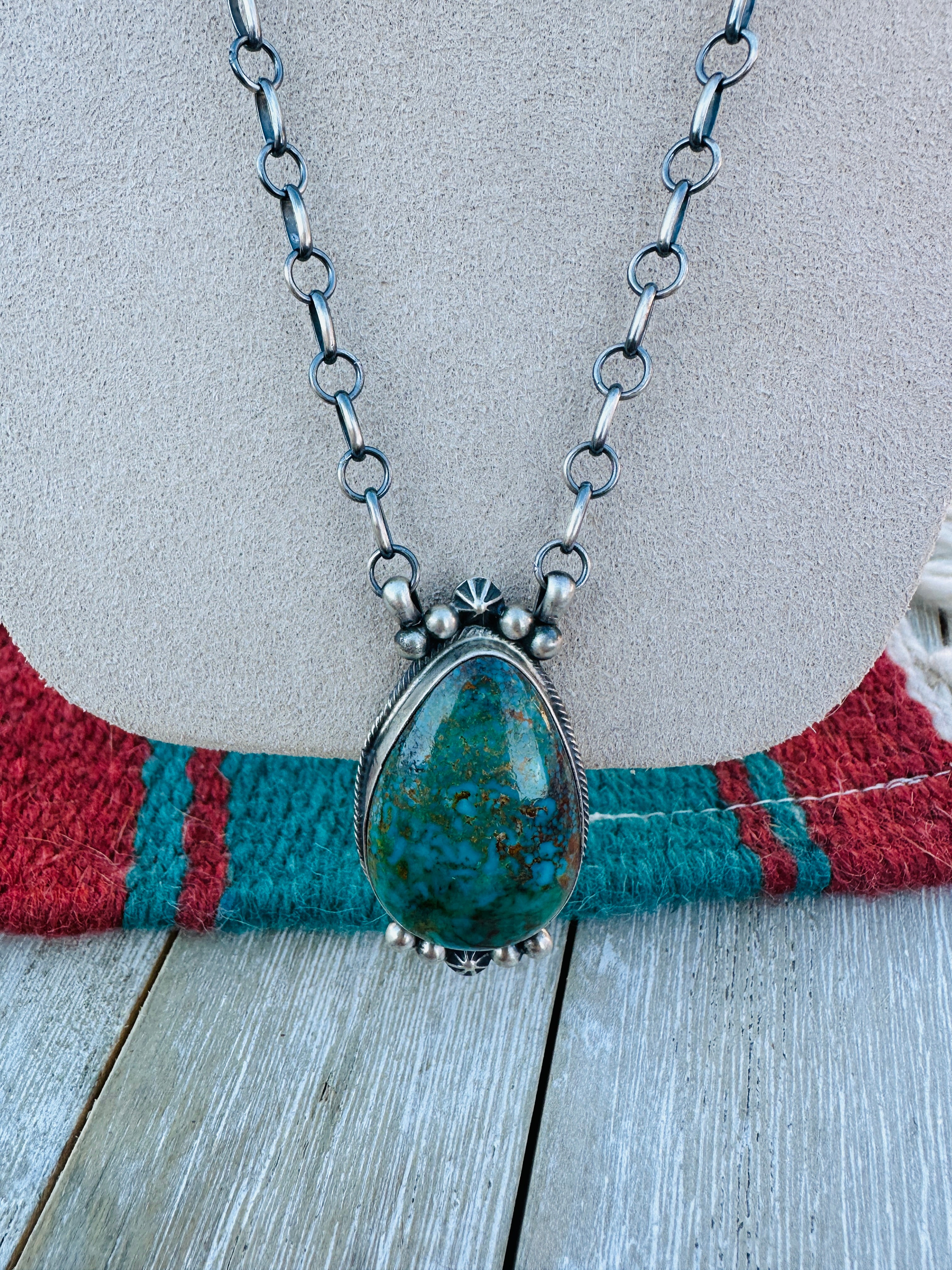 Handcrafted Sterling Silver 18” Link Chain & Turquoise Necklace