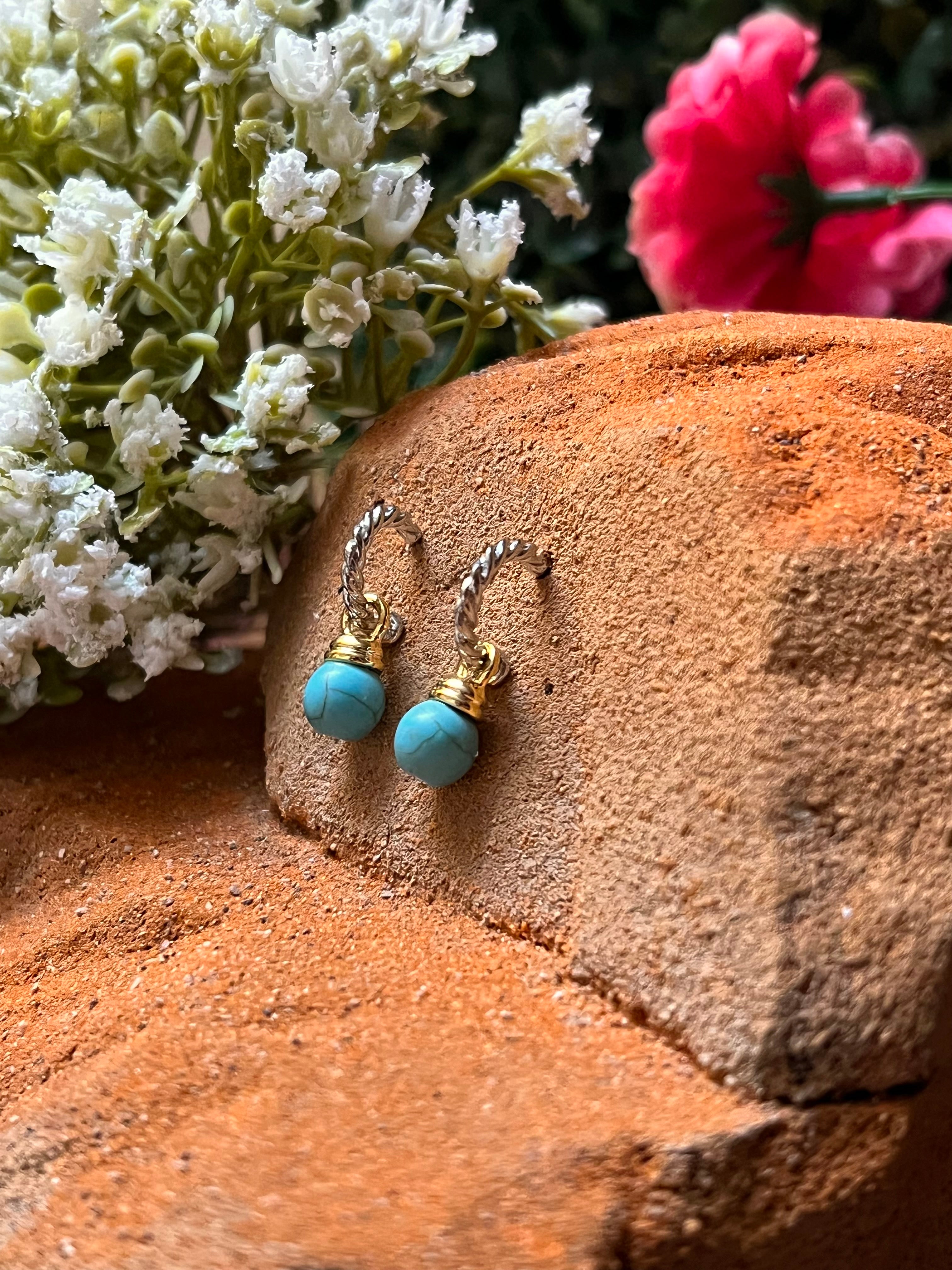 Silver & 14k Gold Plated Two Tone Turquoise Colored Bead Cable Hoop Earrings