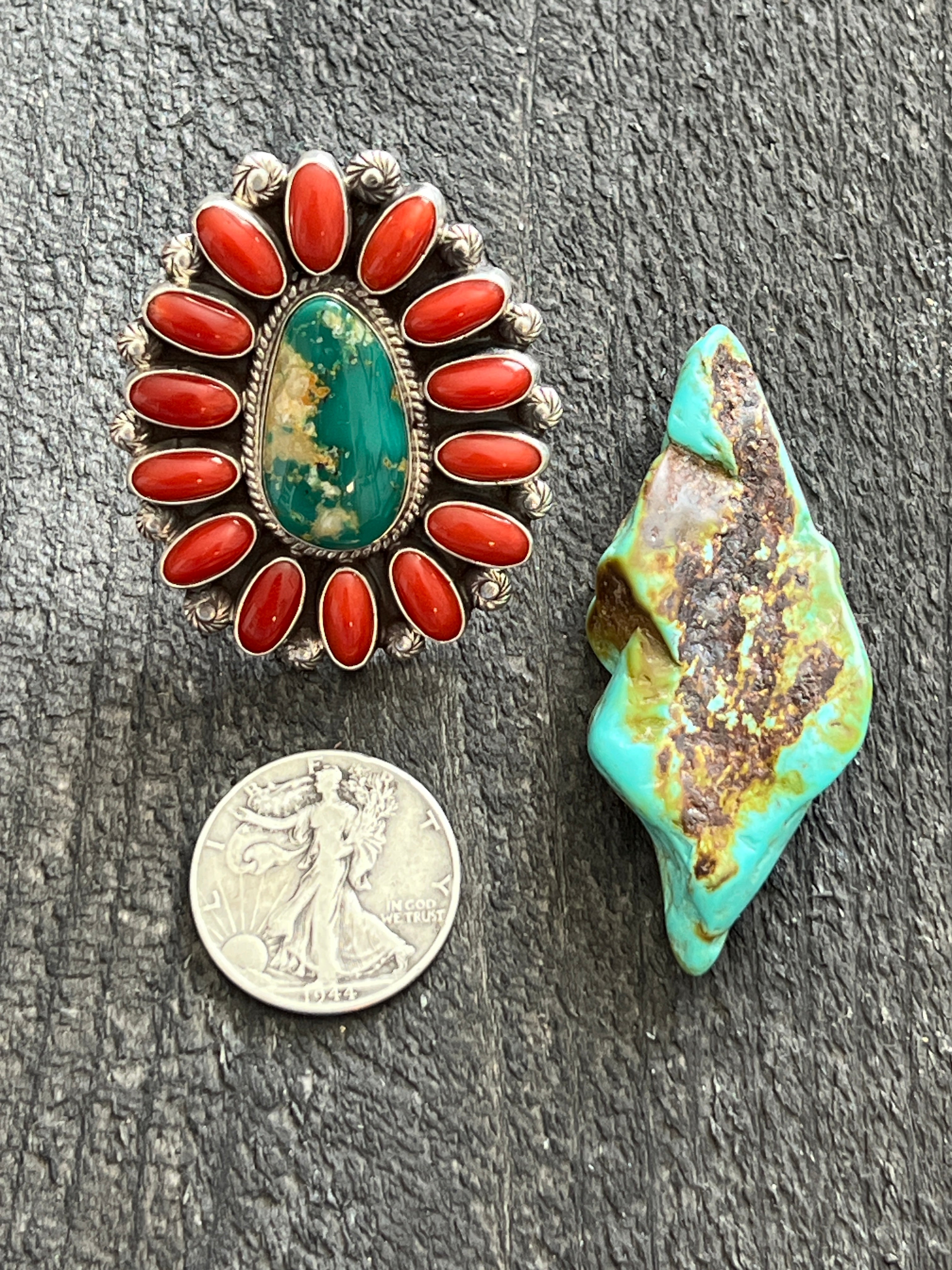 Handcrafted Sterling Silver, Royston Turquoise and Mediterranean Coral Cluster Ring by Tyler Brown, Adjustable