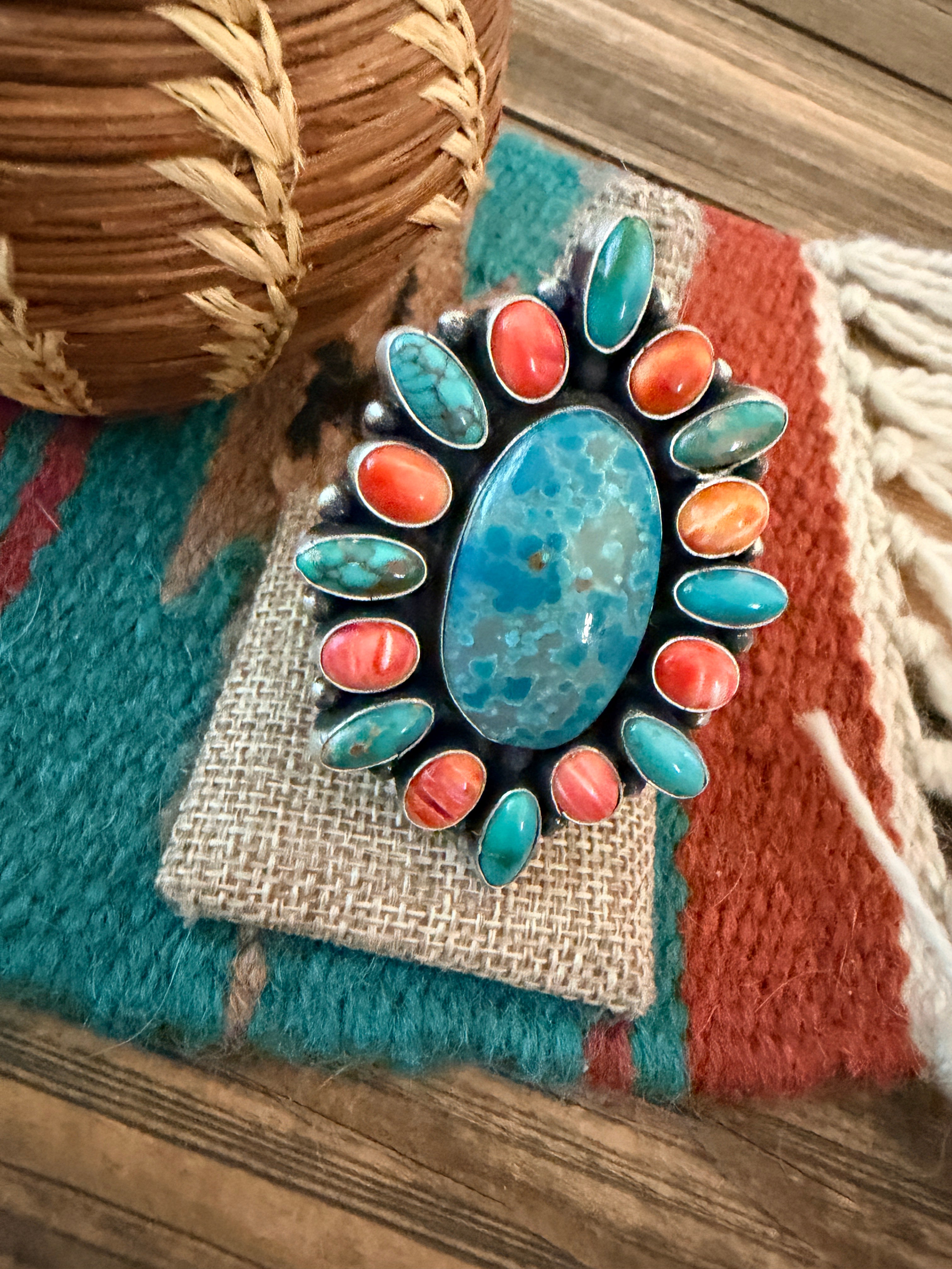 Handcrafted Spiny Oyster, Turquoise & Sterling Silver Cluster Ring by Sheila Becenti Size 11