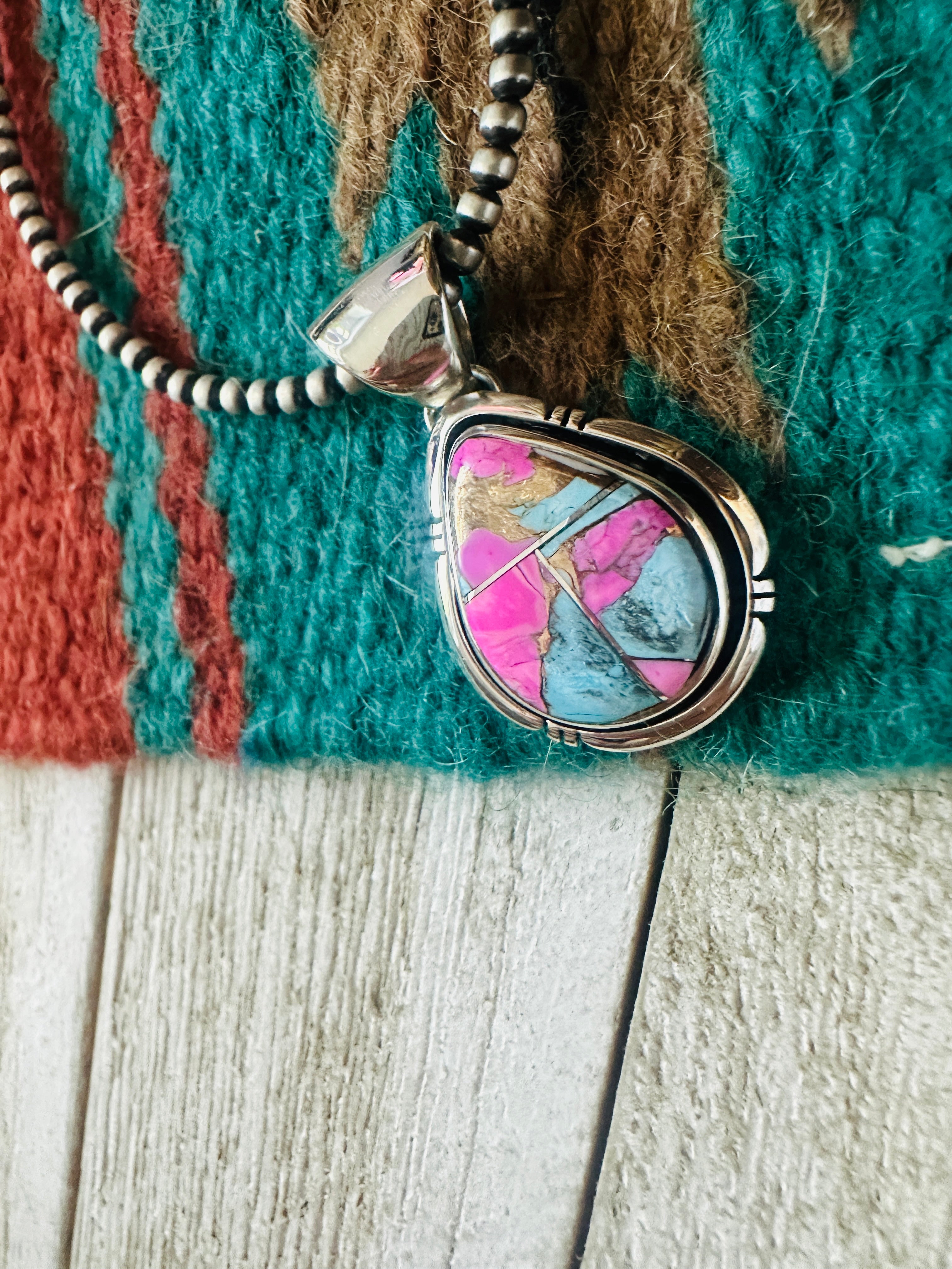Handcrafted Cotton Candy & Sterling Silver Inlay Teardrop Pendant