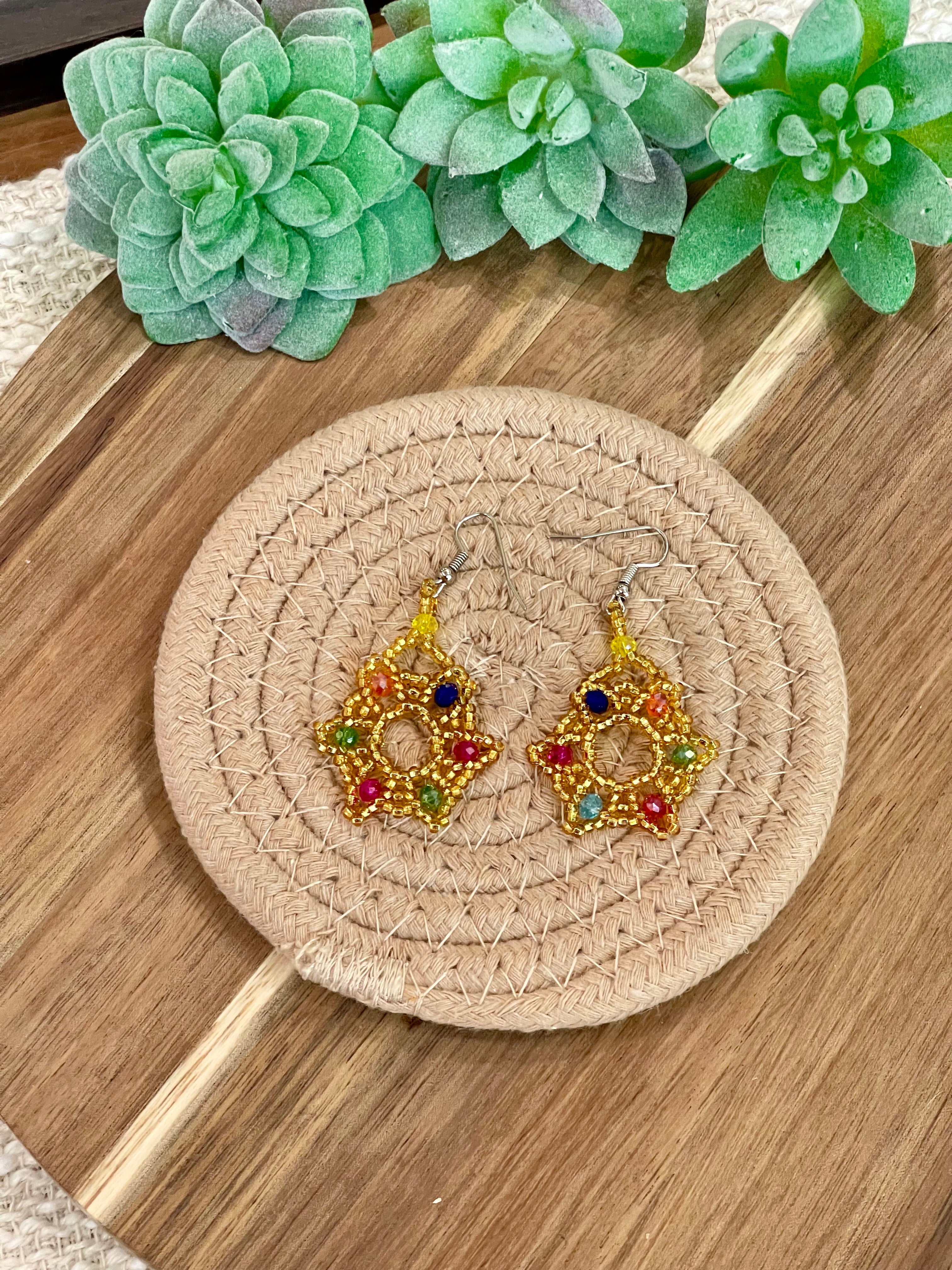 Handmade In Mexico Sterling Silver , Multi Color Dangle Beaded Earrings