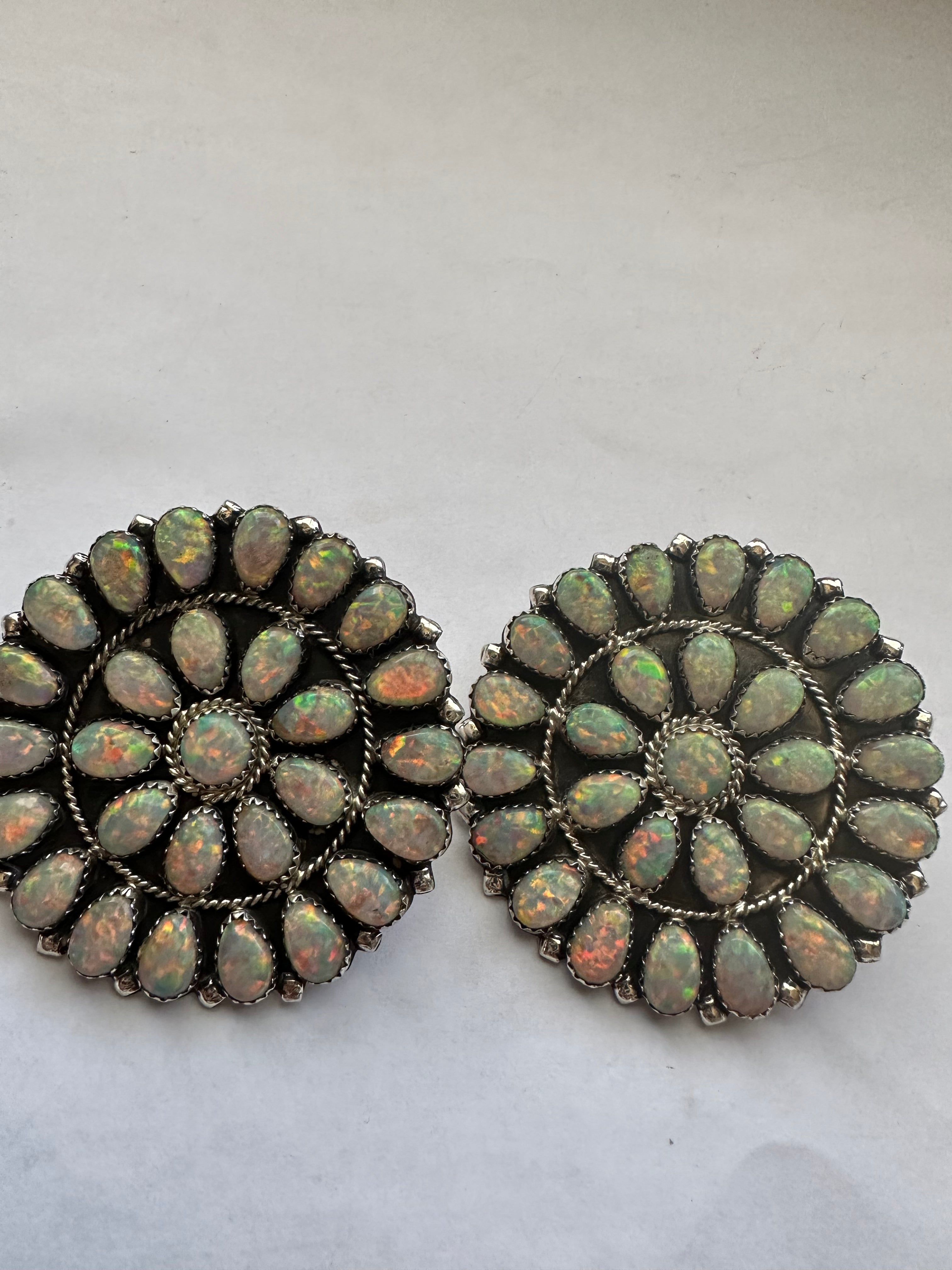 Handcrafted Fire Opal & Sterling Silver Cluster Circle Earrings Signed