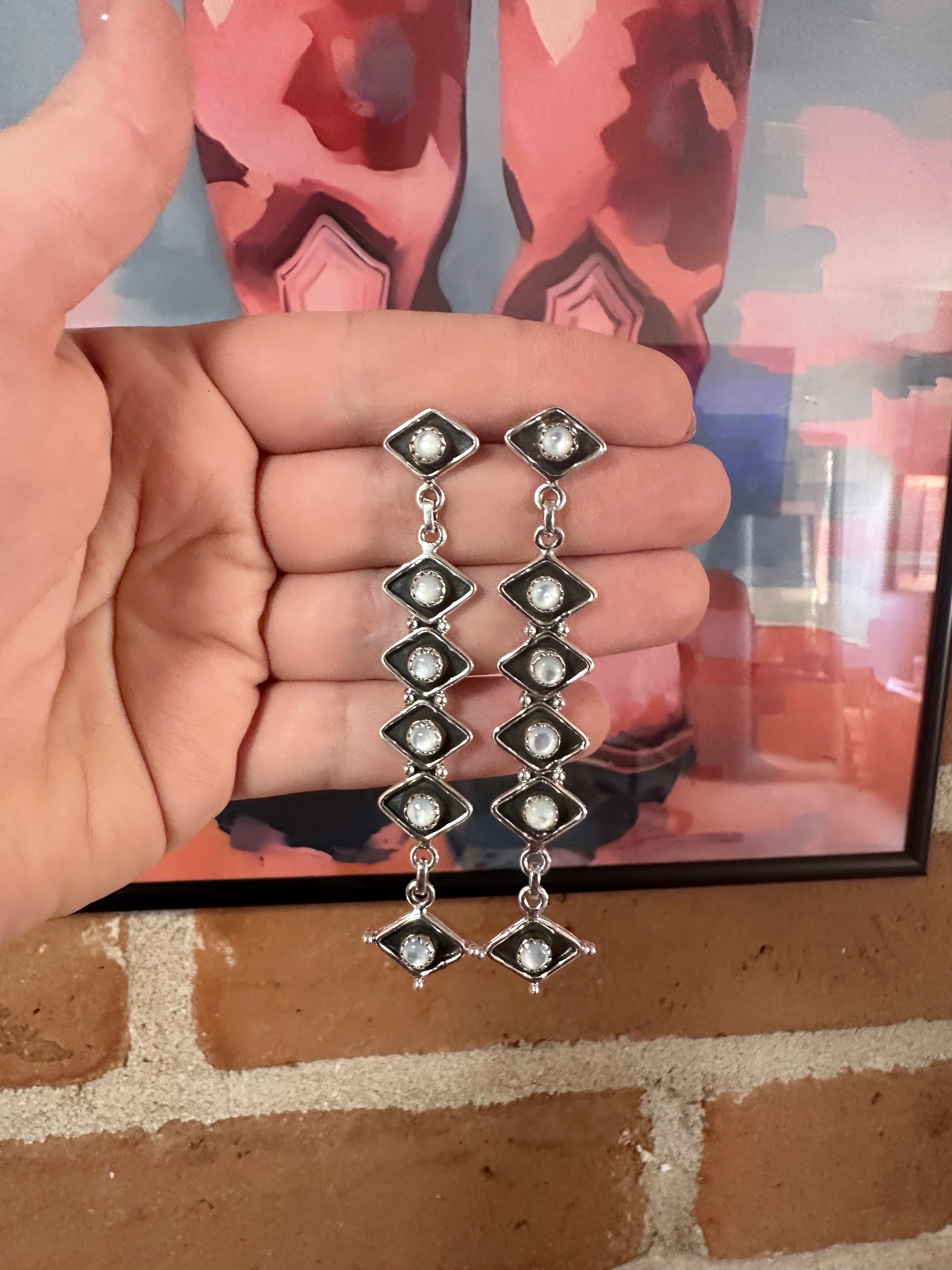 Handmade Mother of Pearl & Sterling Silver Dangle Earrings Signed Nizhoni