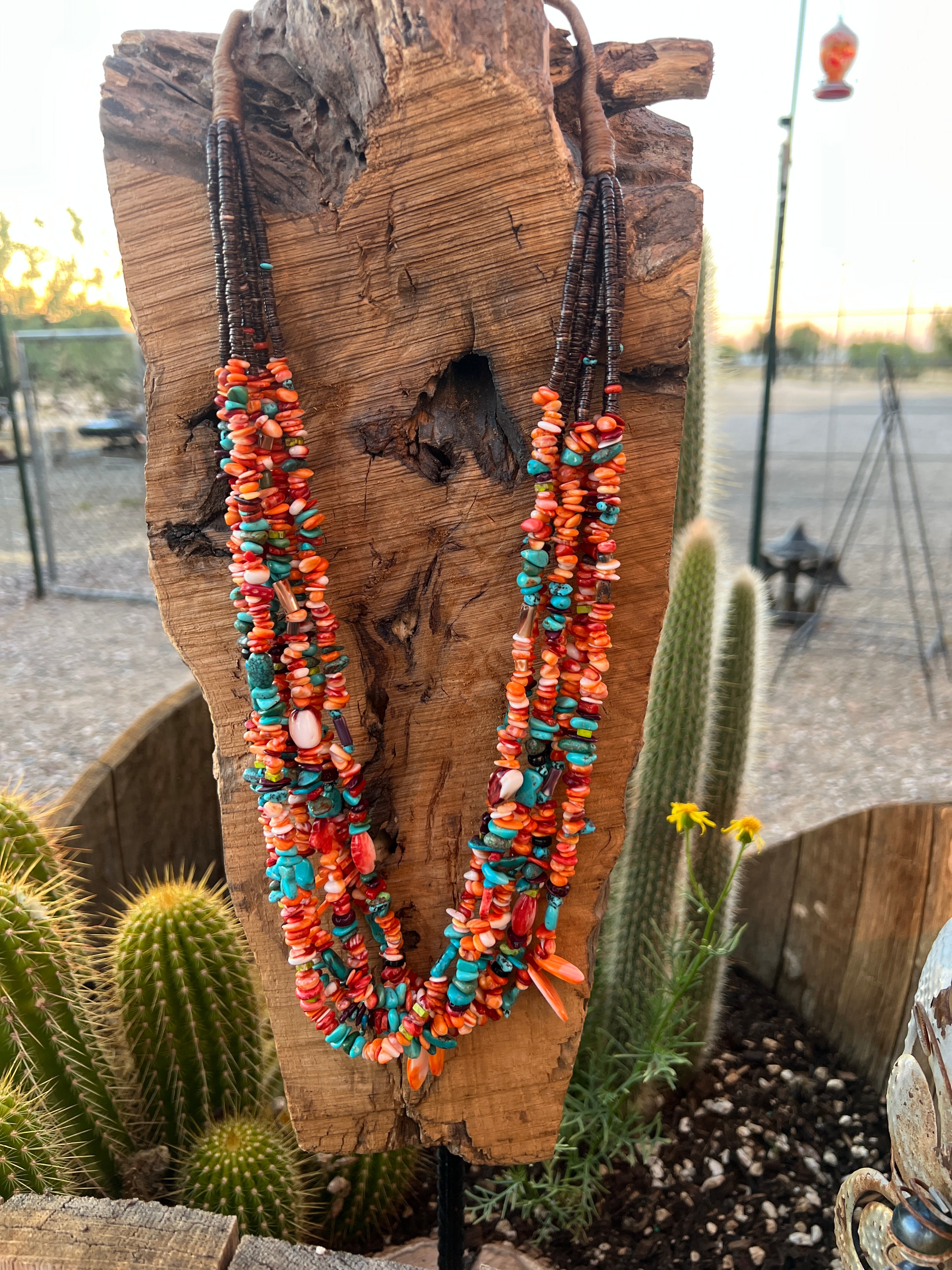 Gorgeous Santo Domingo Made Six Strand Spiny Oyster and Turquoise Beaded Squaw Wrap Necklace with Spiny Oyster Tabs