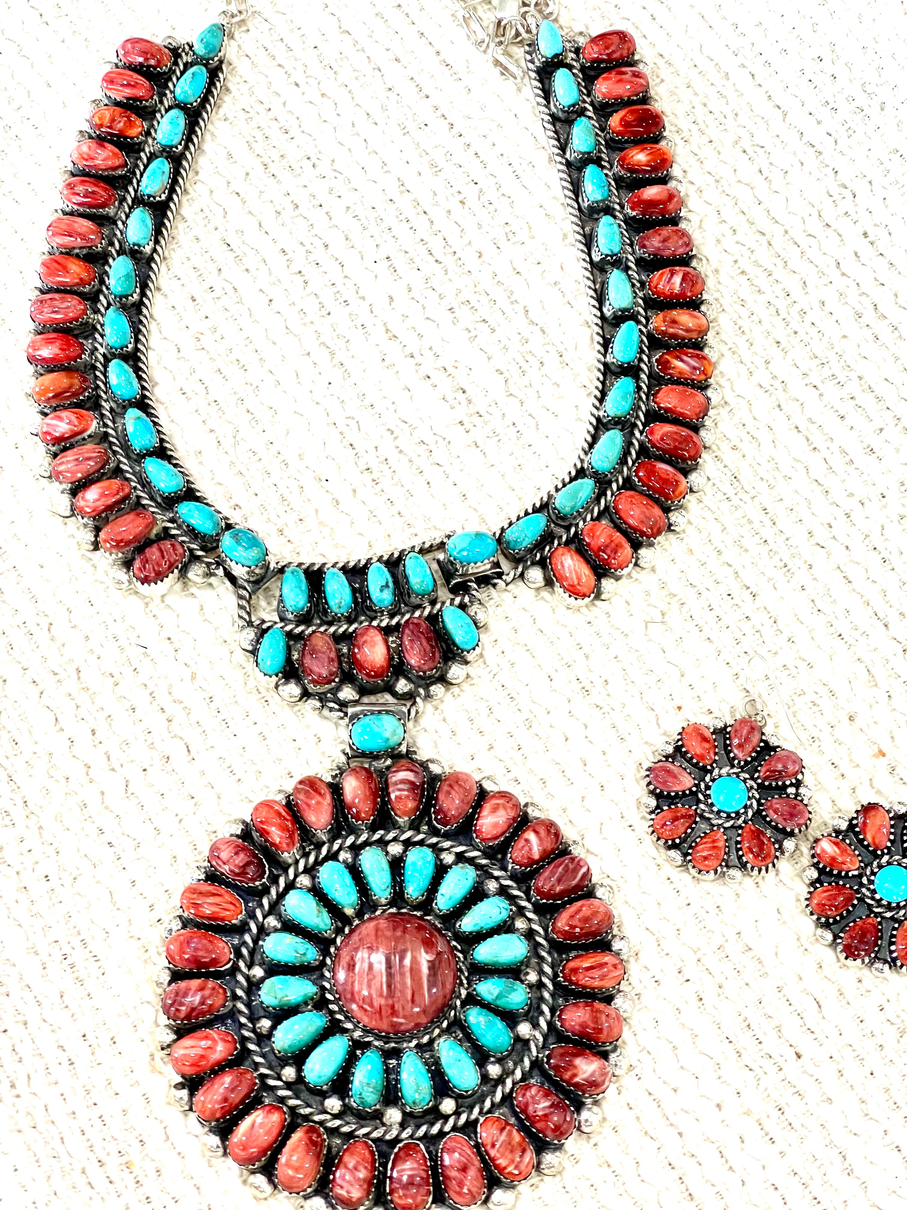 Beautiful Handmade Sterling Silver, Turquoise & Red Spiny Cluster Necklace And Earring Set