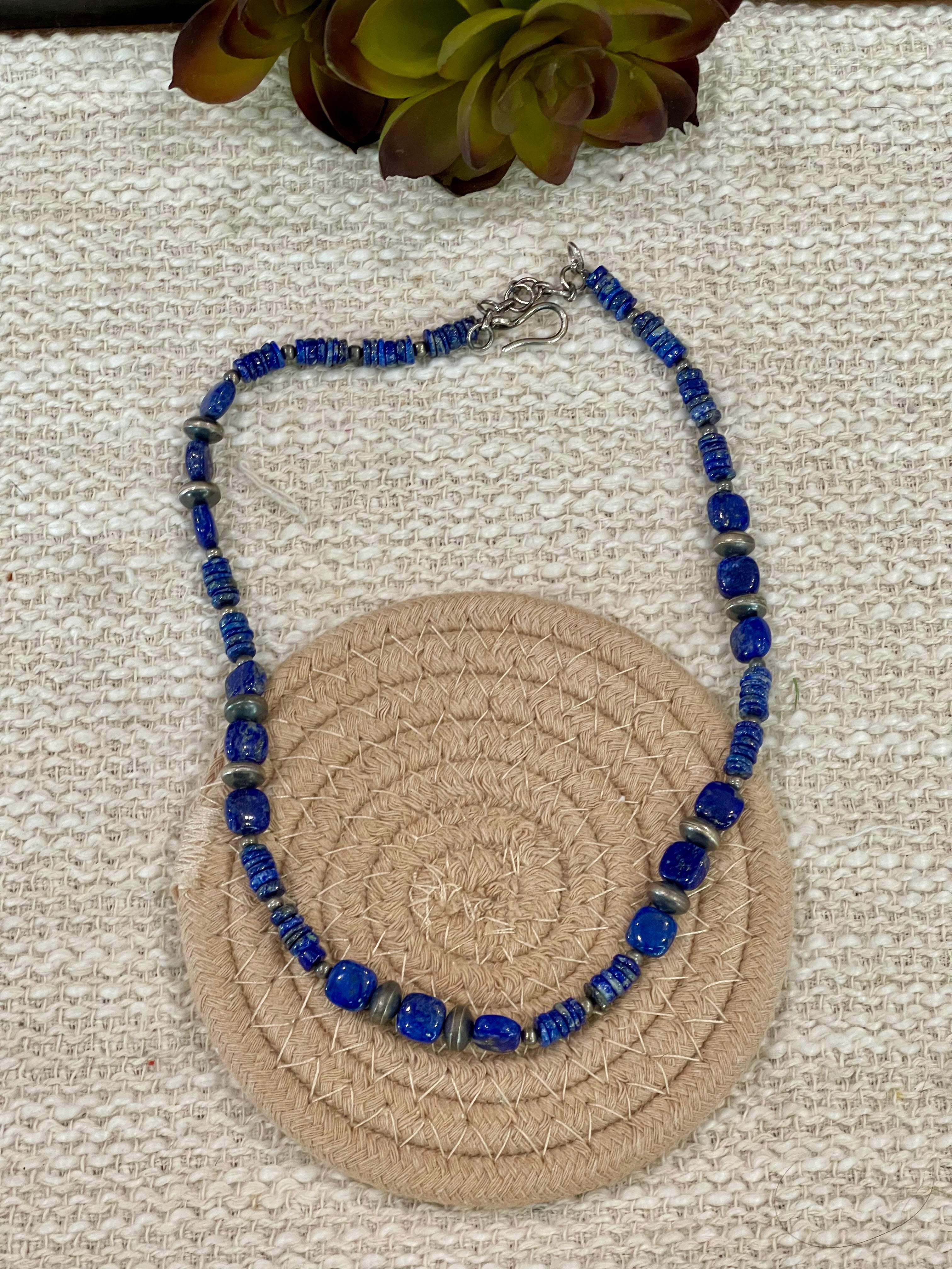 ** 4TH OF JULY ** Handmade Sterling Silver & Lapis Beaded Necklace Signed Nizhoni