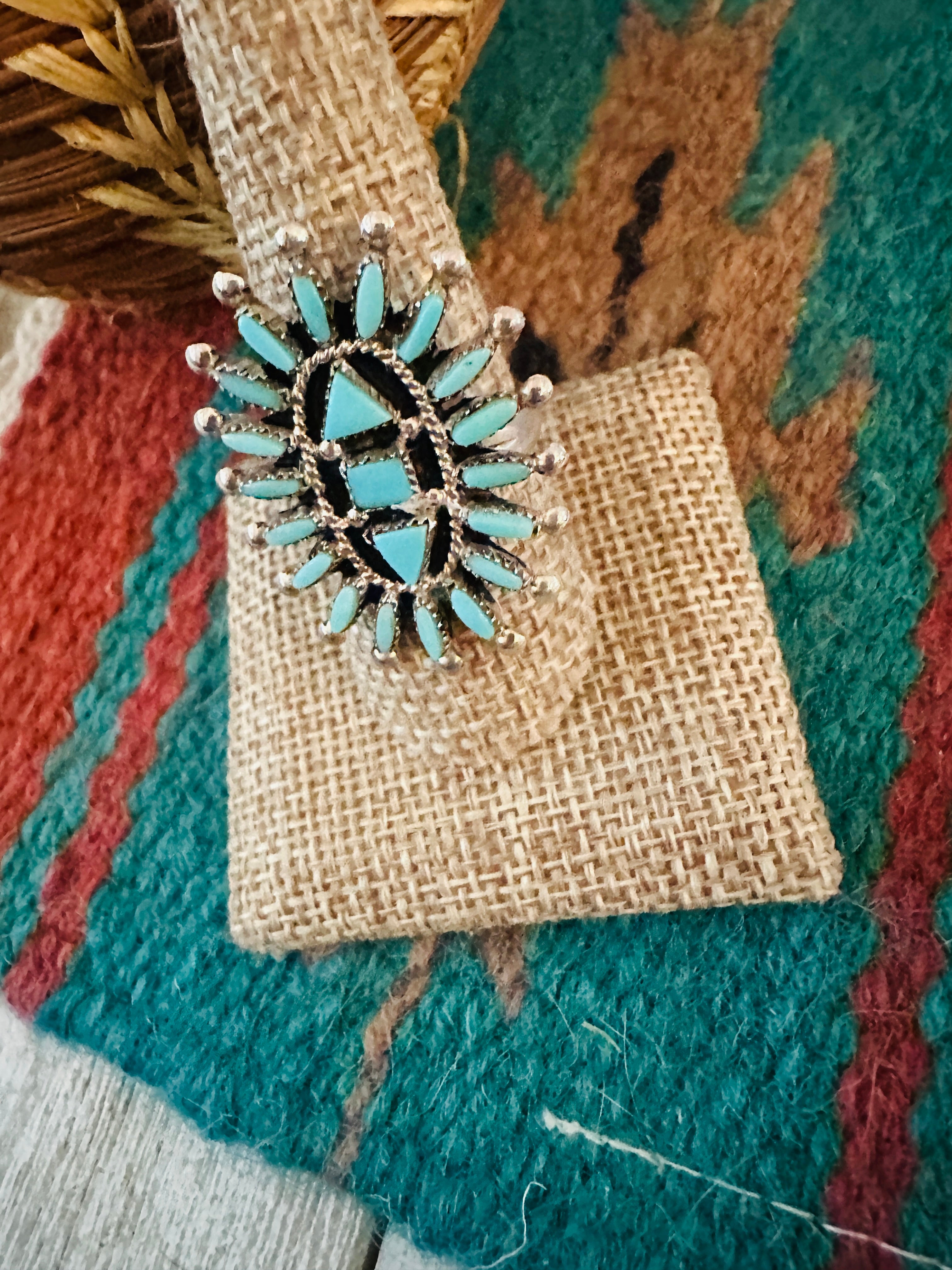 Handcrafted Sterling Silver & Turquoise Needlepoint Ring Size 9.5