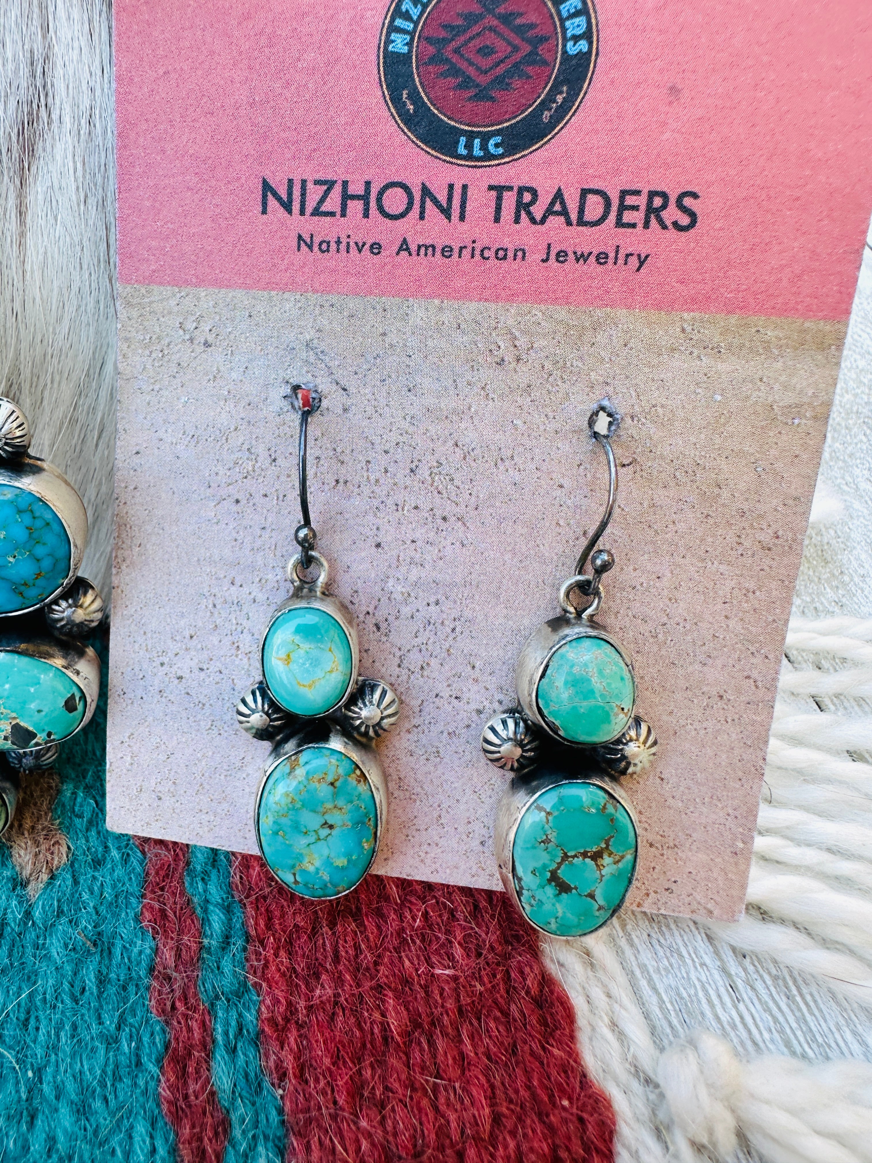 Handcrafted Turquoise & Sterling Silver Squash Blossom Necklace and Earring Set by Bobby Johnson