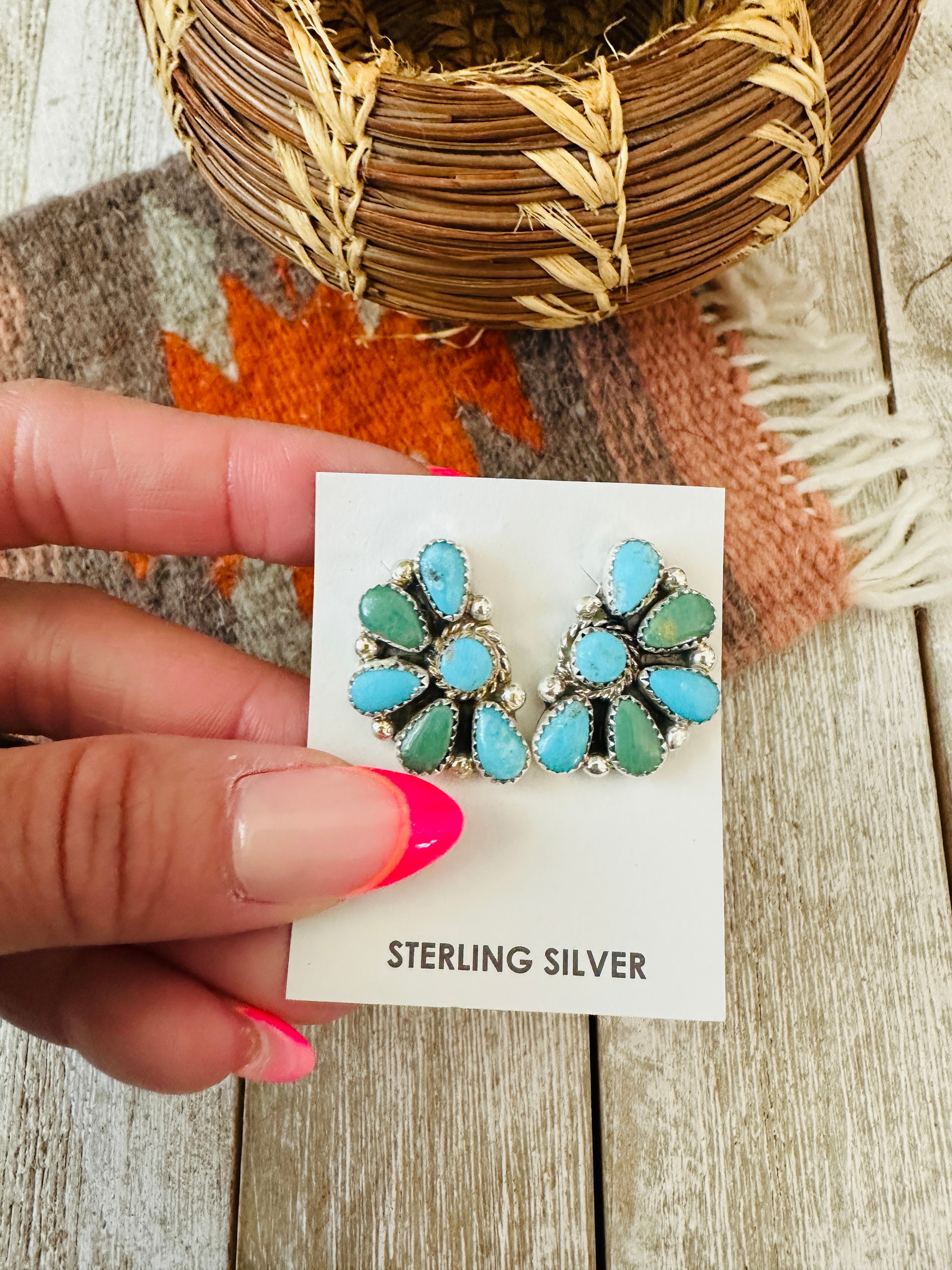 Handcrafted Sterling Silver & Turquoise Cluster Post Earrings