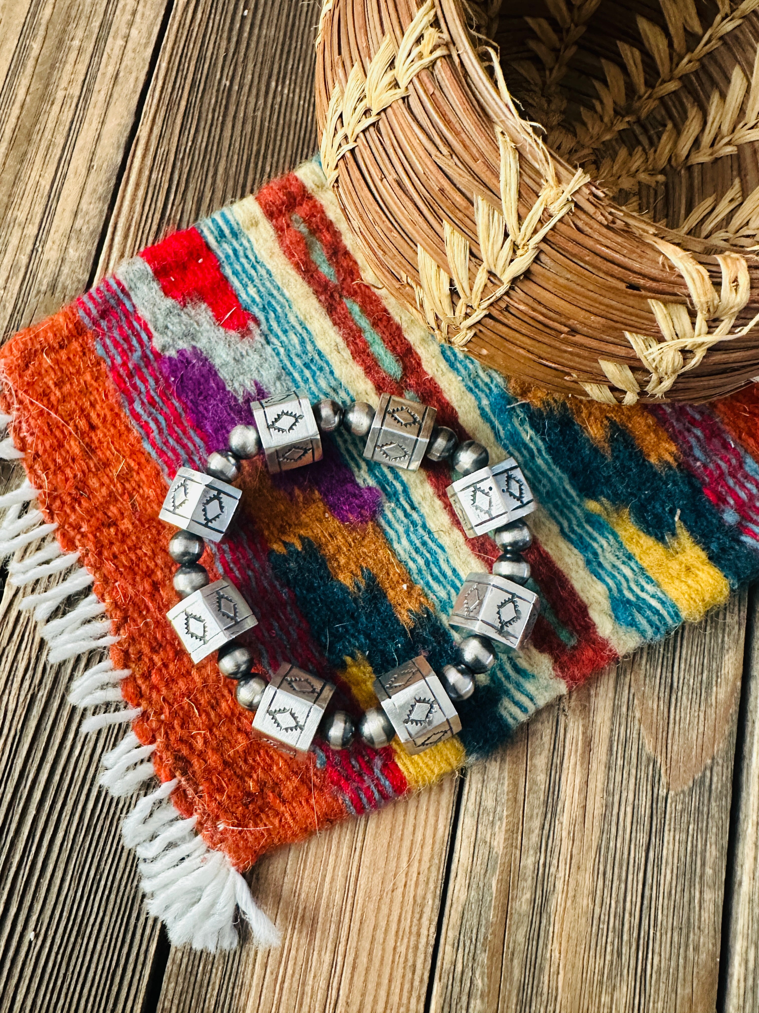 Hand Stamped Sterling Silver Pearl Beaded Stretch Bracelet