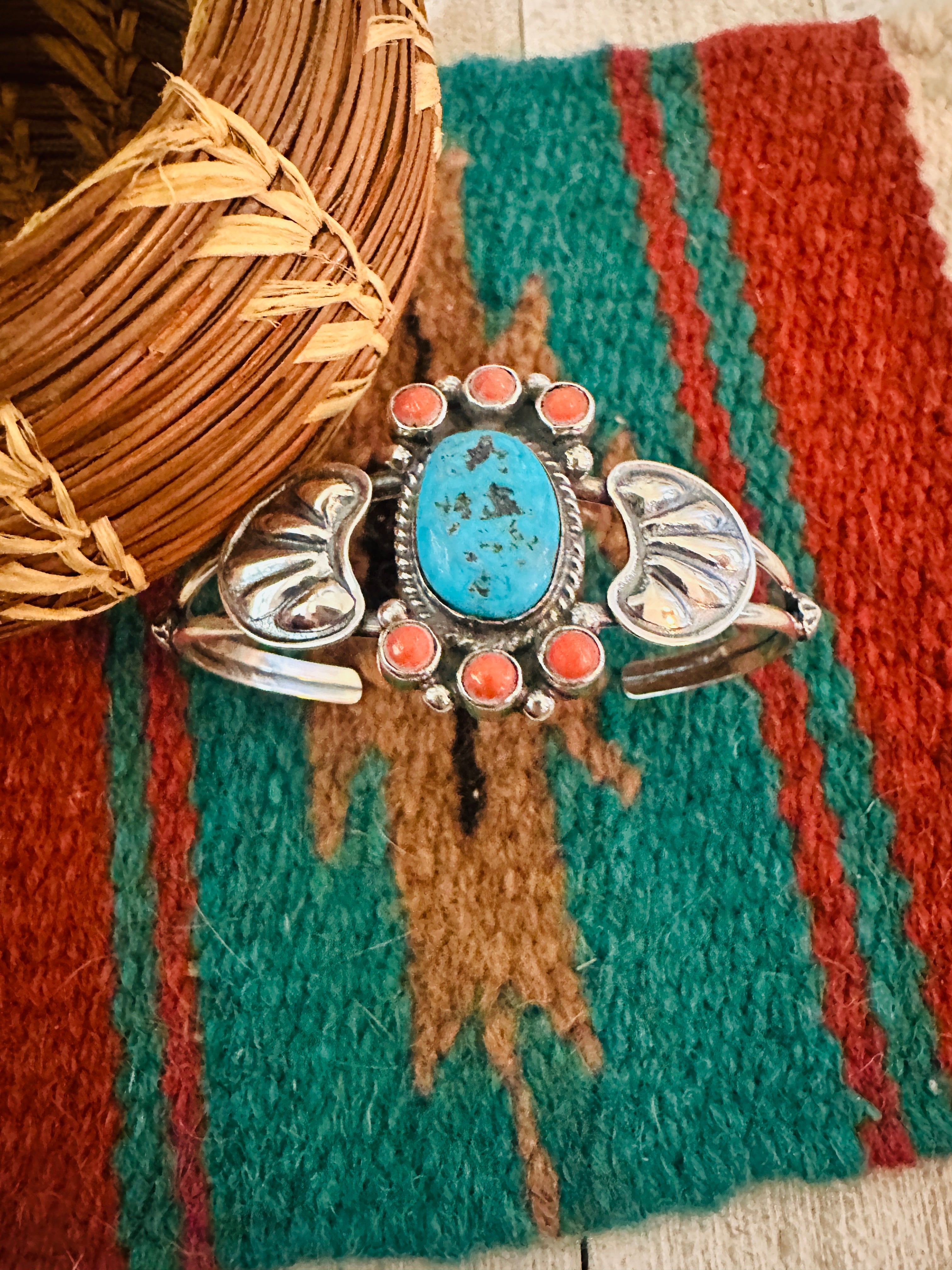 Navajo Turquoise, Coral & Sterling Silver Cluster Cuff Bracelet
