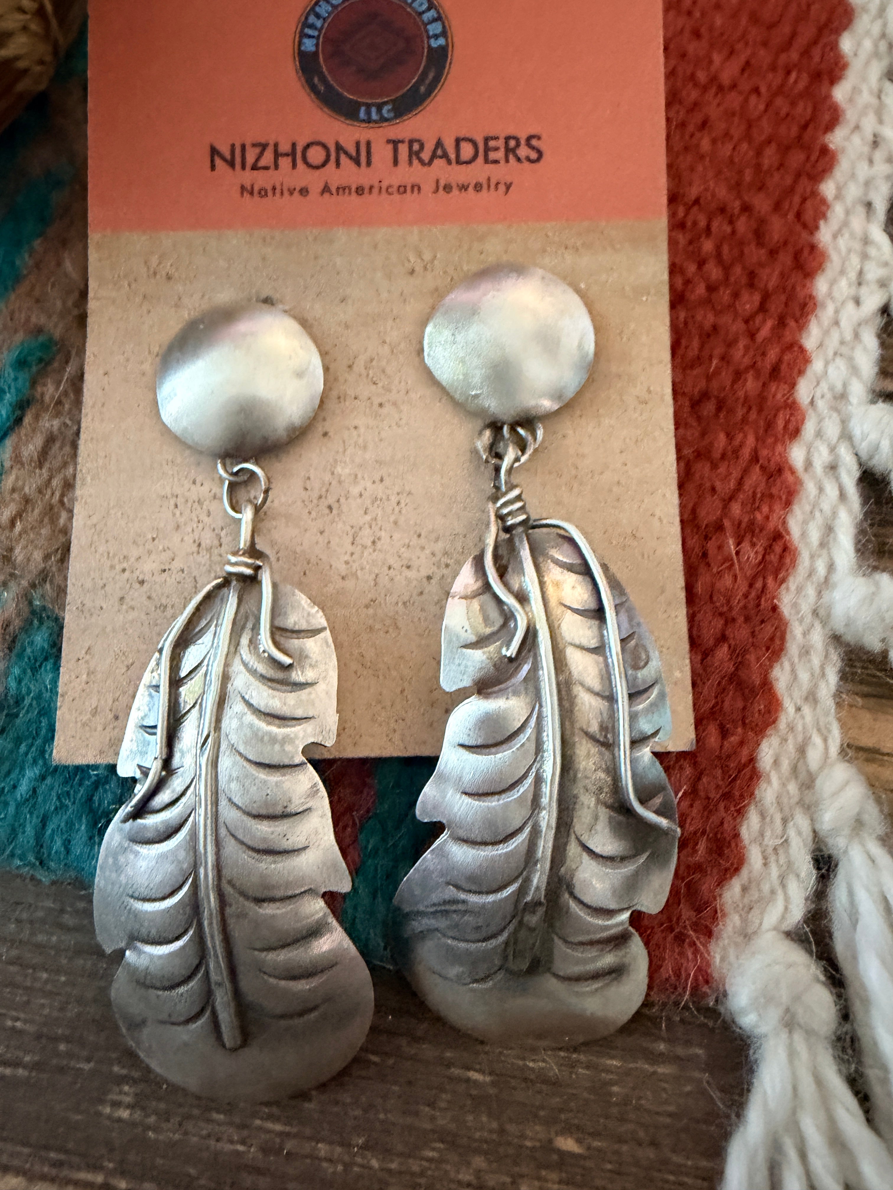 Handcrafted Sterling Silver Concho Feather Dangle Earrings