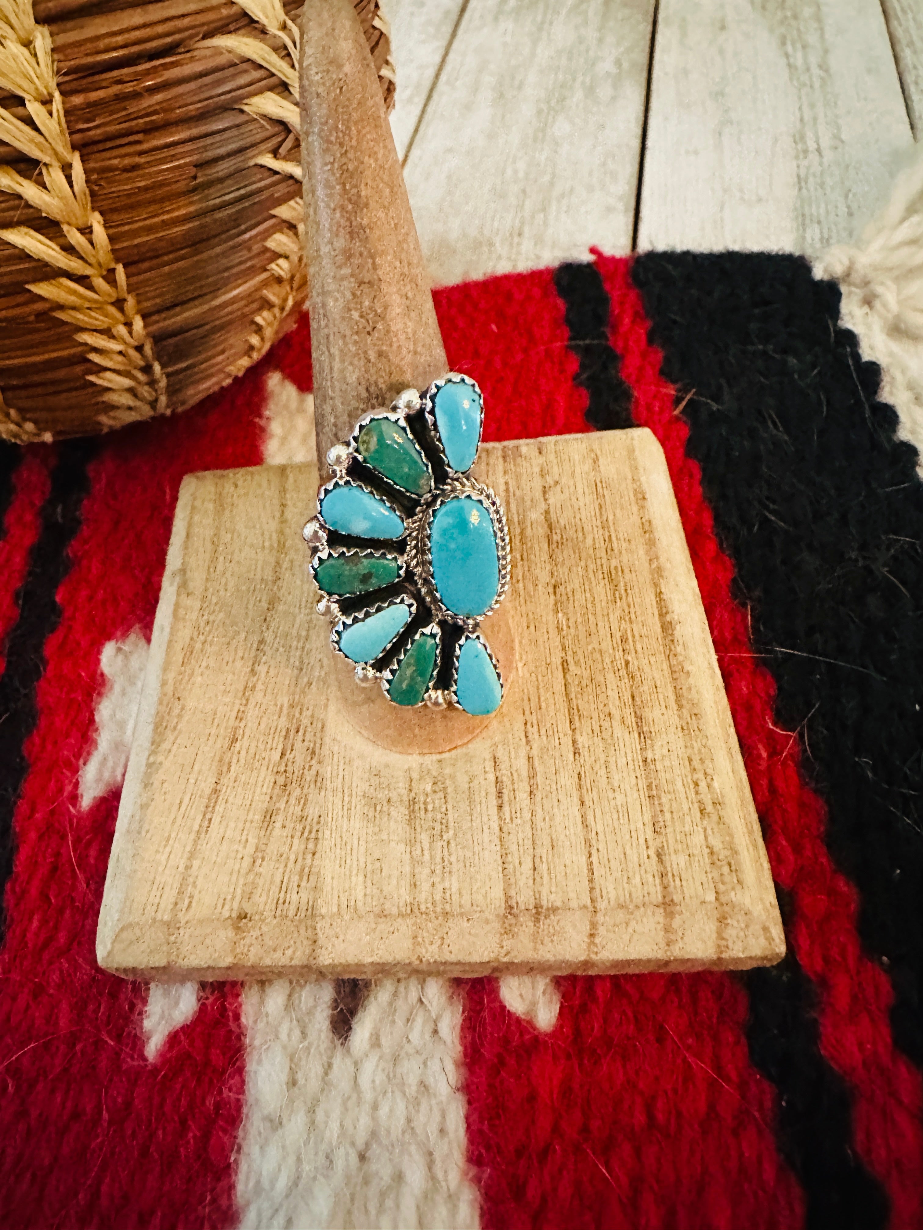 Handcrafted Sterling Silver & Turquoise Cluster Adjustable Ring