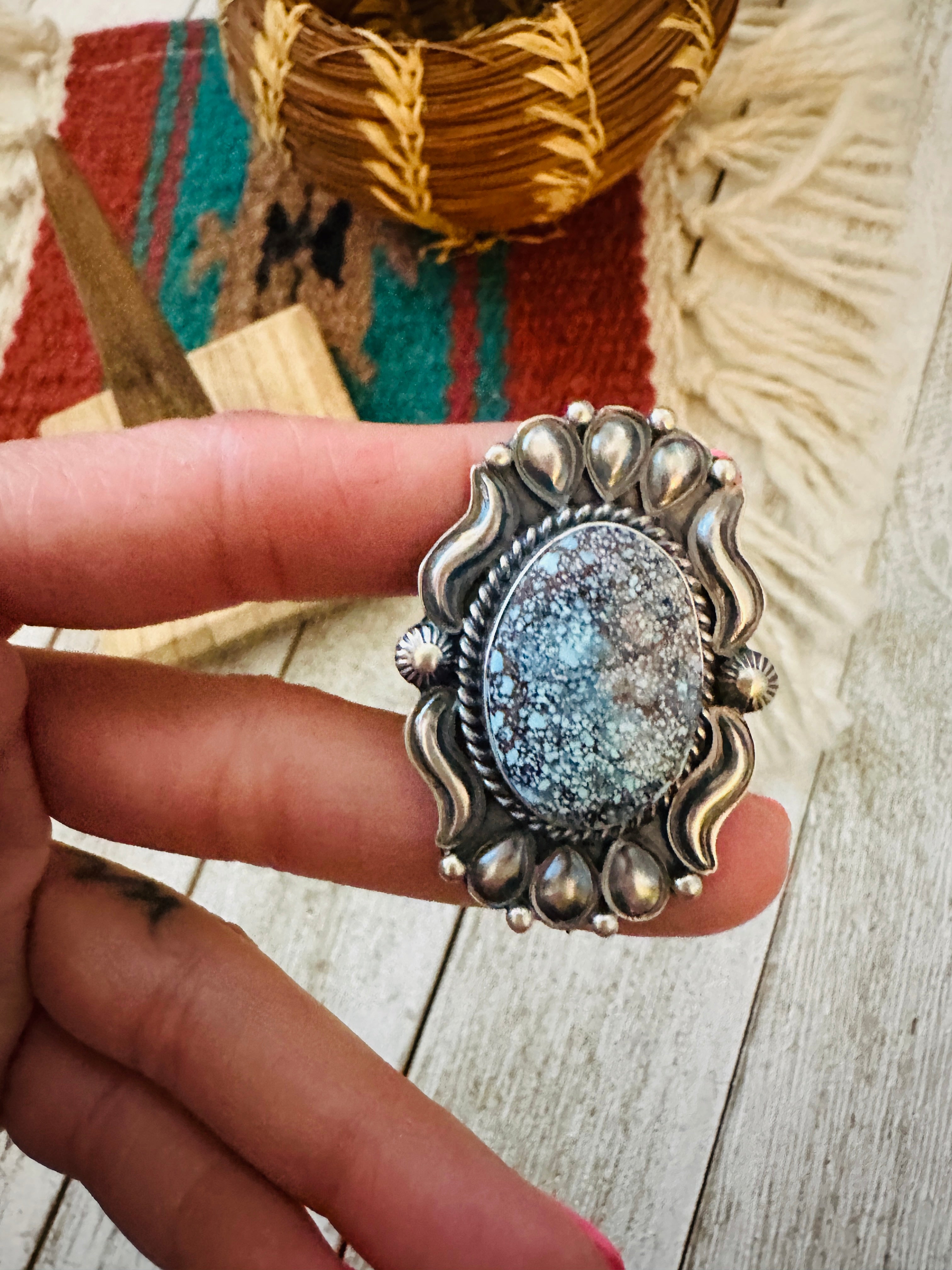 Navajo Kingman Web Turquoise & Sterling Silver Ring Size 10.5