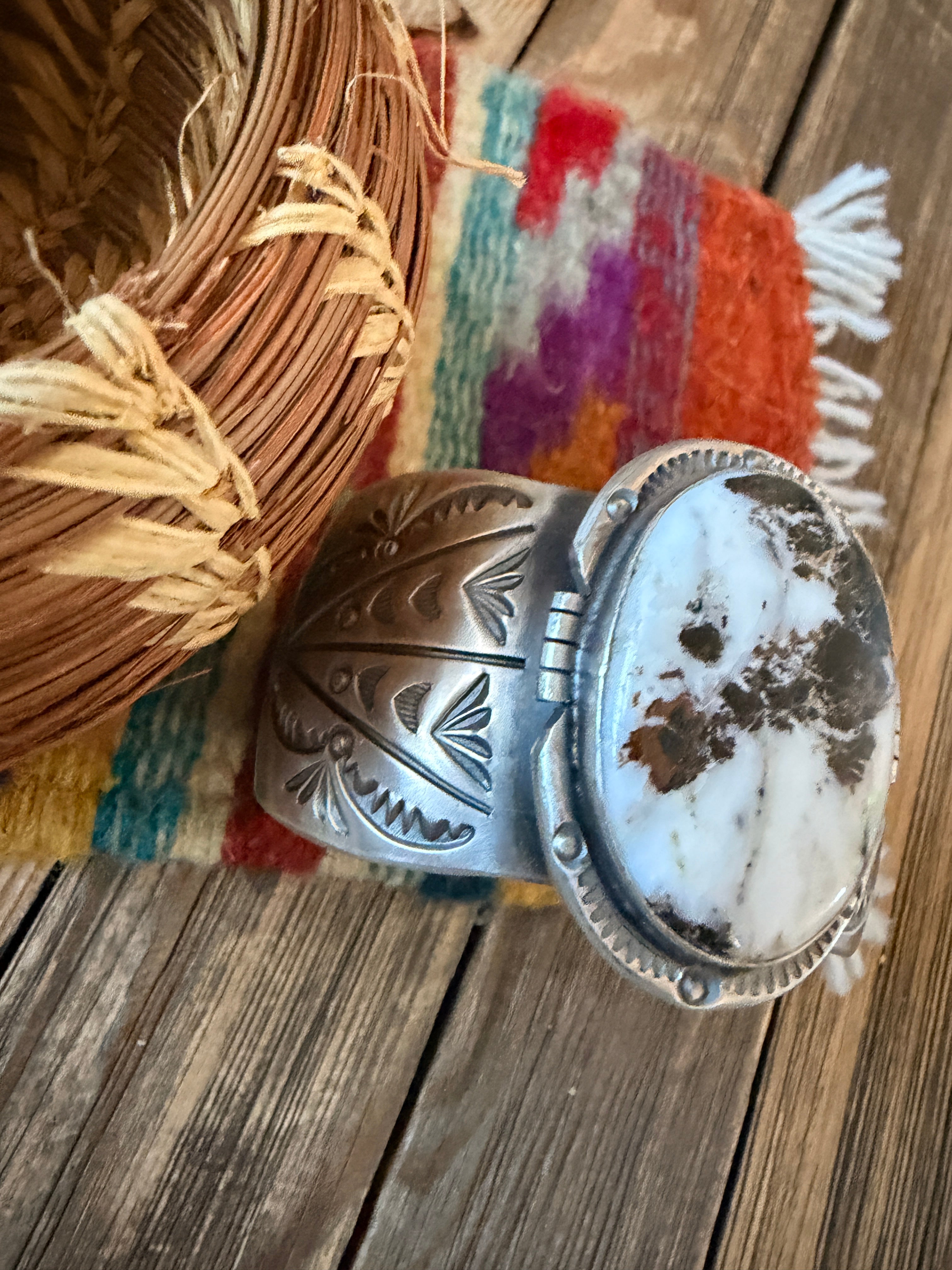 Handcrafted White Buffalo & Sterling Silver Cuff Bracelet by Delbert Secatero