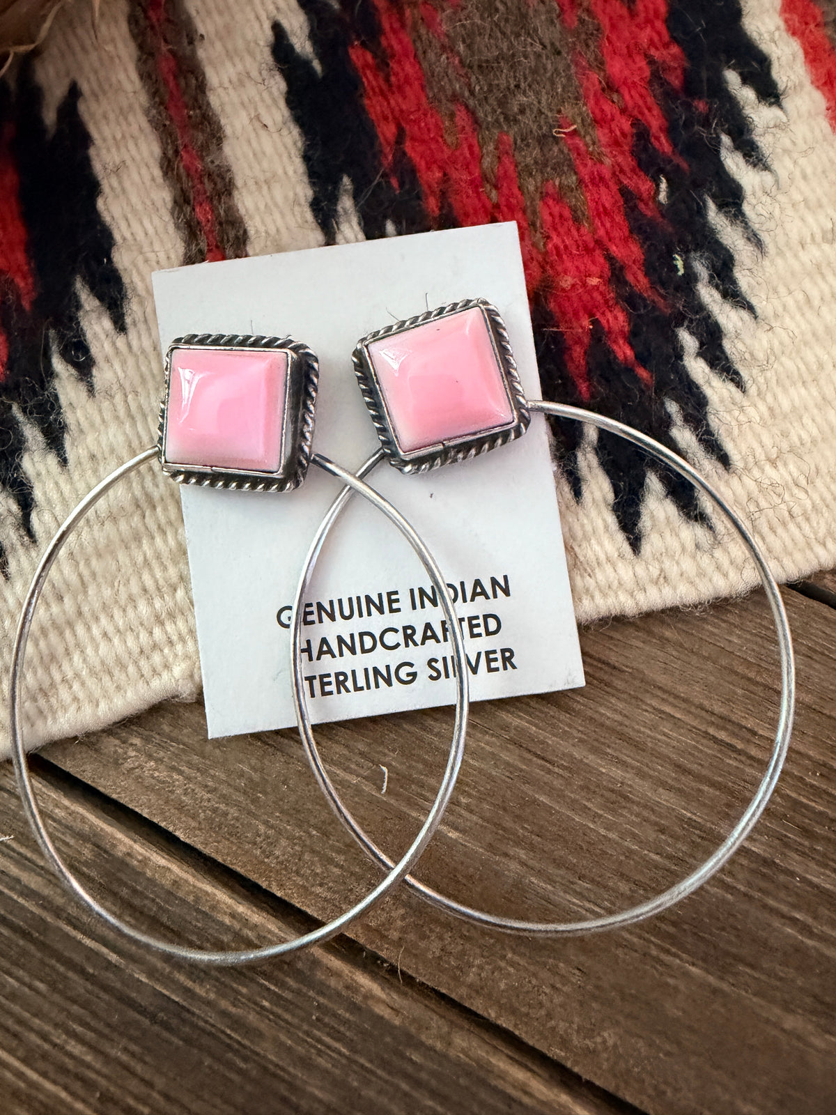 Handcrafted Queen Pink Conch and Sterling Silver Dangle Hoop Earrings by Elouise Kee