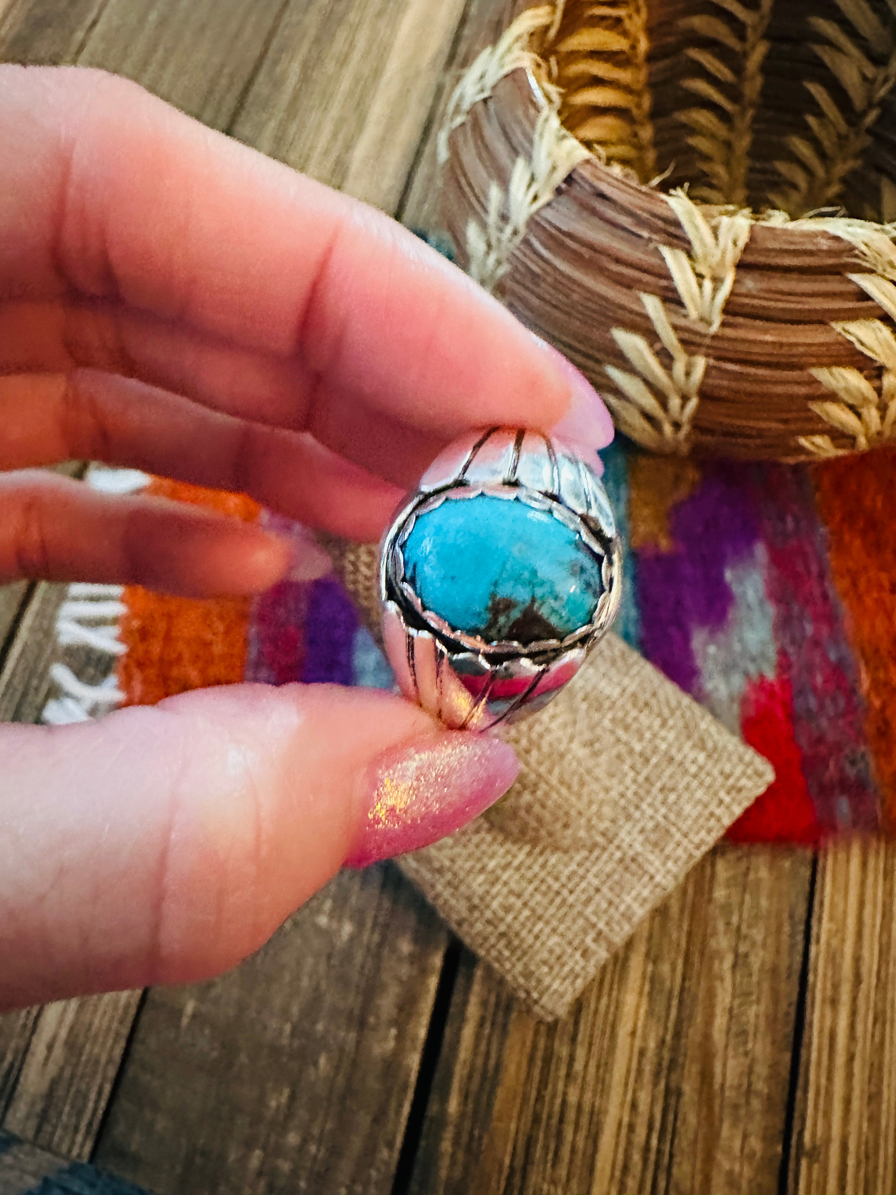 Handcrafted Kingman Turquoise & Sterling Silver Ring size 13