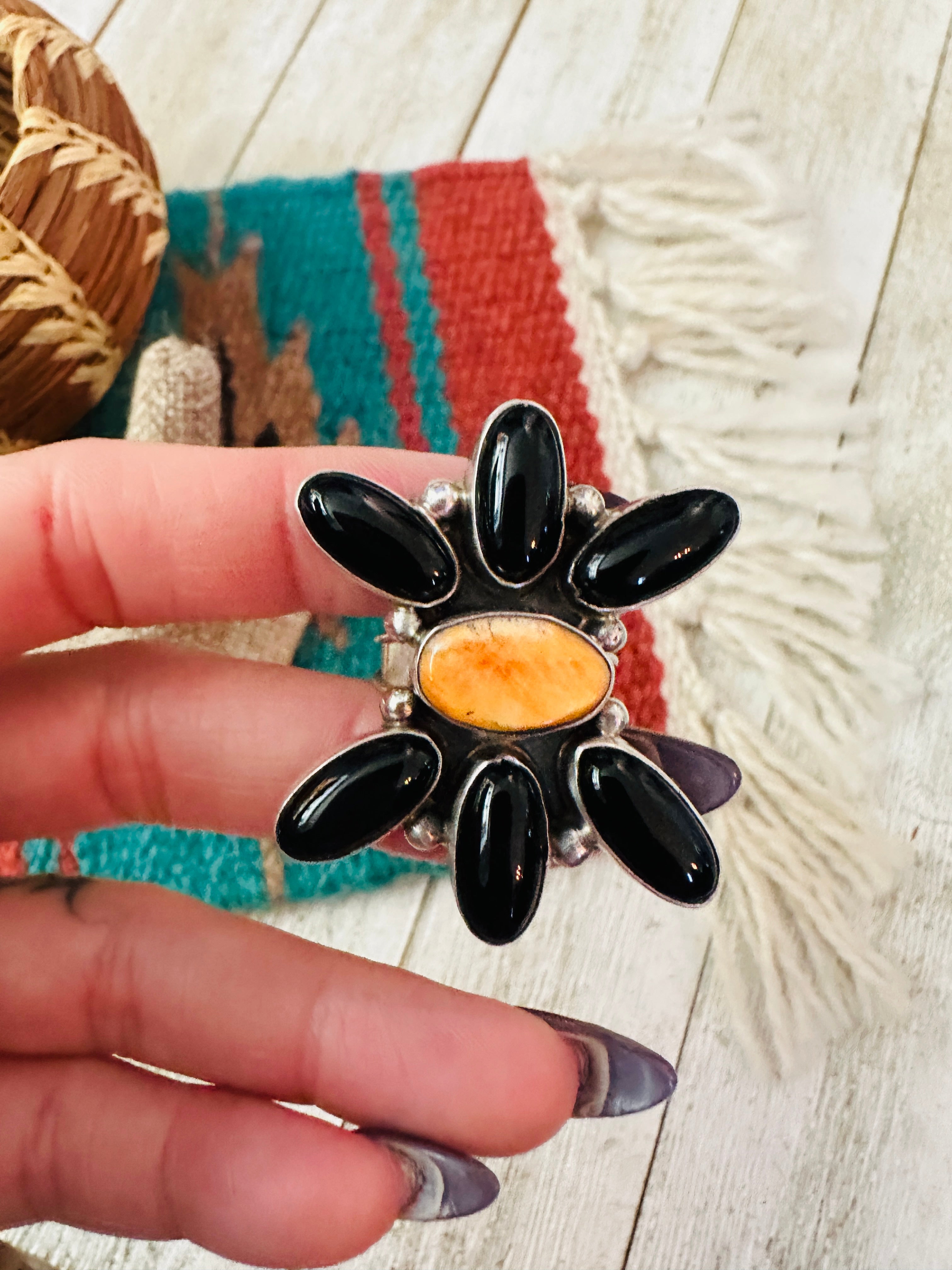 Handcrafted Onyx, Spiny Oyster & Sterling Silver Adjustable Ring by Jacqueline Silver