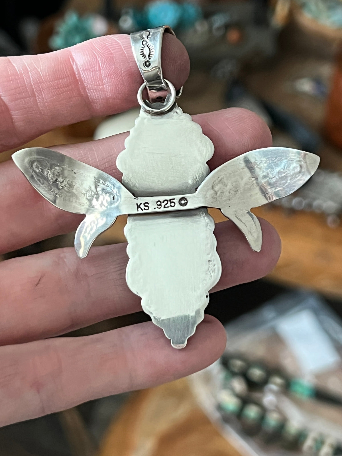 Sterling Silver and Turquoise Winged Bug Pendant by Kimari Somers