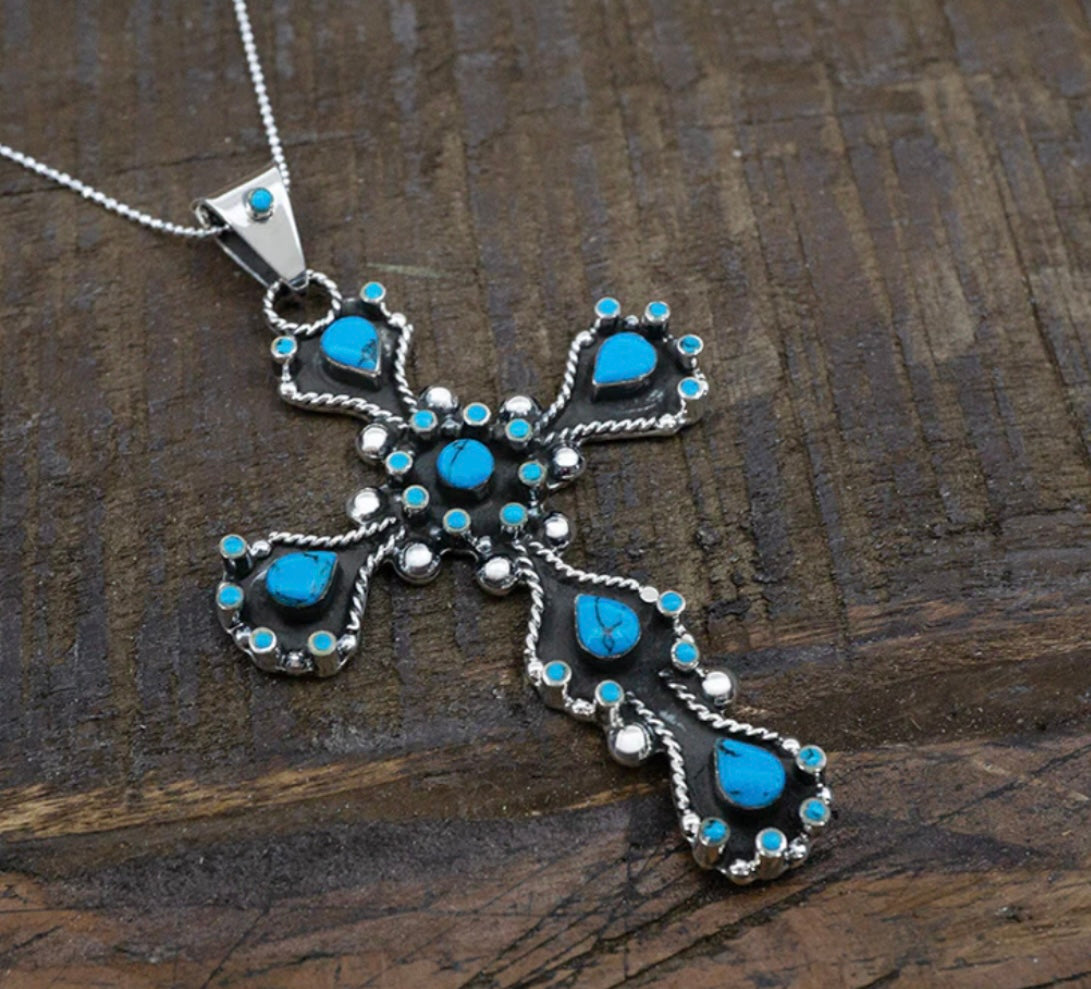 Oxidized Cross w/ dark turquoise Sterling Silver Necklace