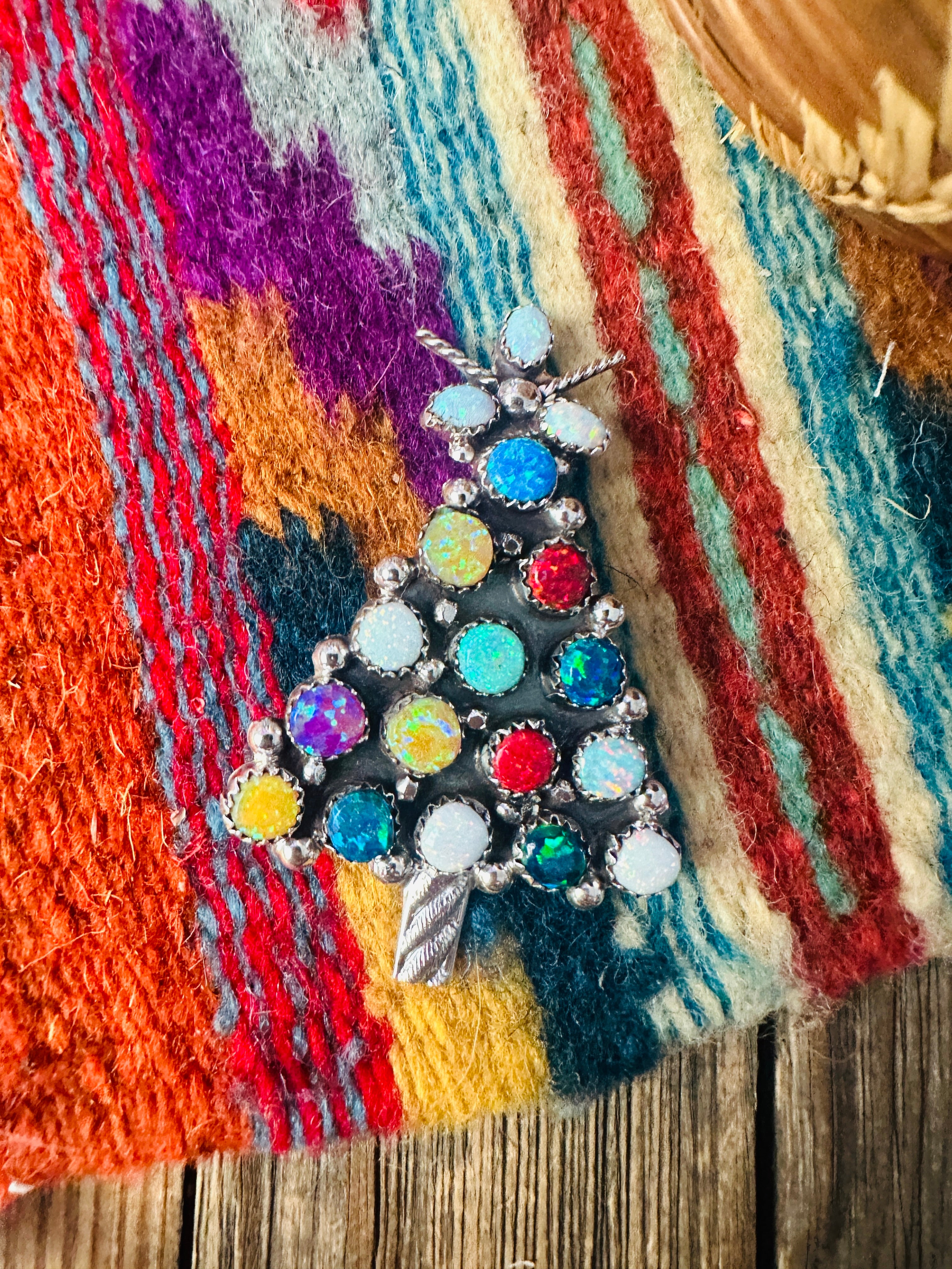 Handcrafted Sterling Silver & Multicolor Opal Christmas Tree Brooch